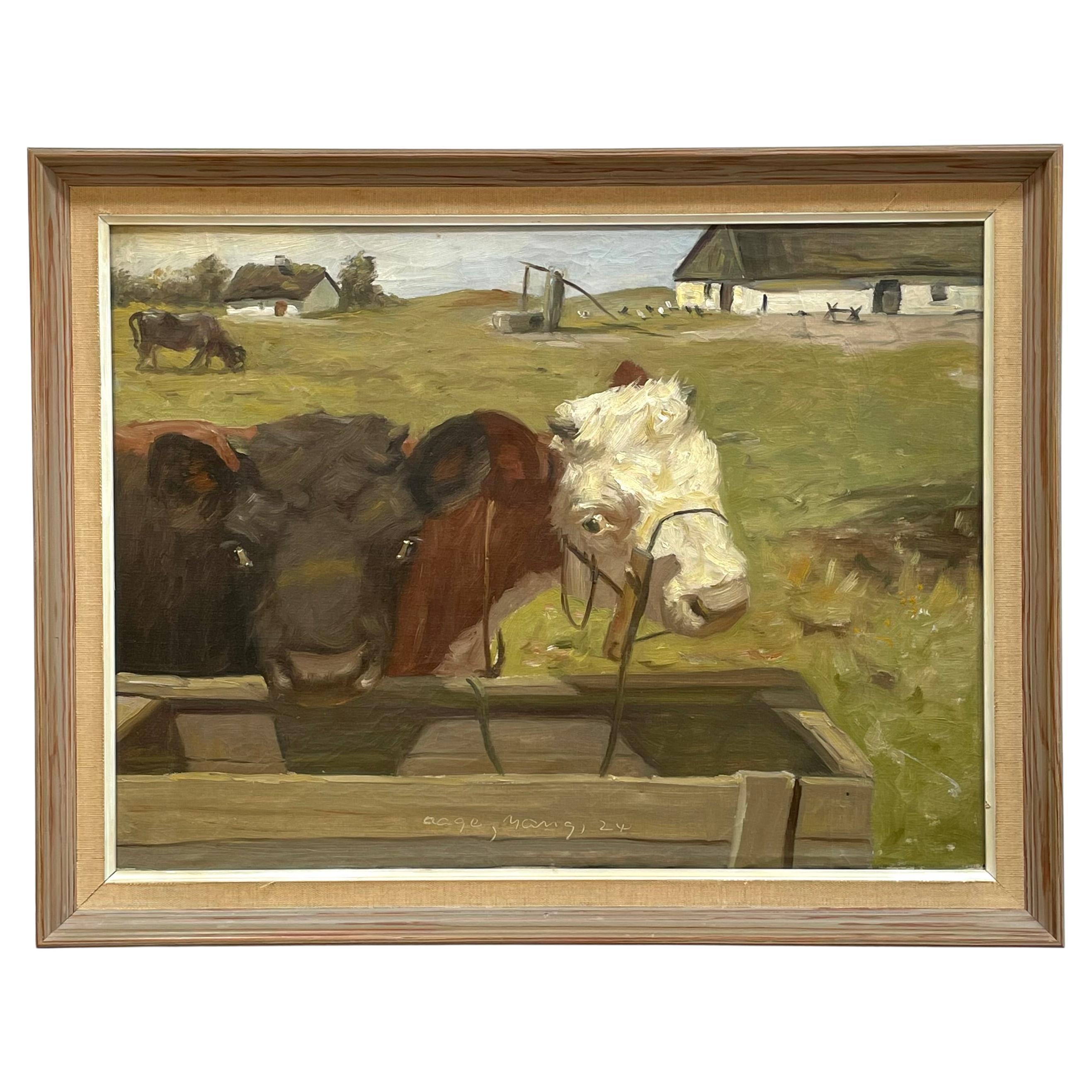 Dipinto a olio antico di Aage Wang, Danimarca, dei primi del Novecento, con mucche