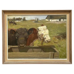 Dipinto a olio antico di Aage Wang, Danimarca, dei primi del Novecento, con mucche