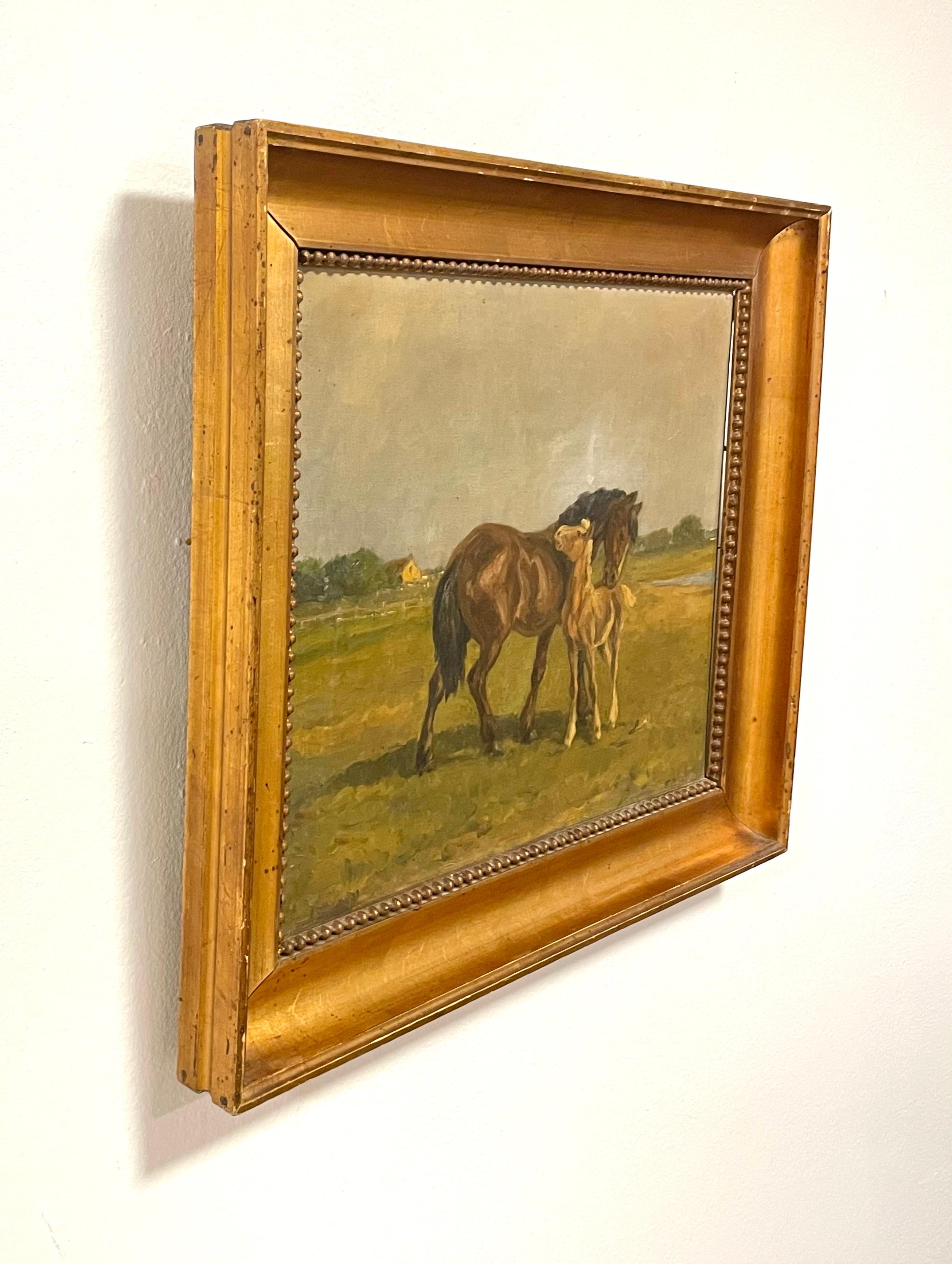Dipinto a olio antico del 20° secolo proveniente dalla Danimarca con cavallo e puledro 3