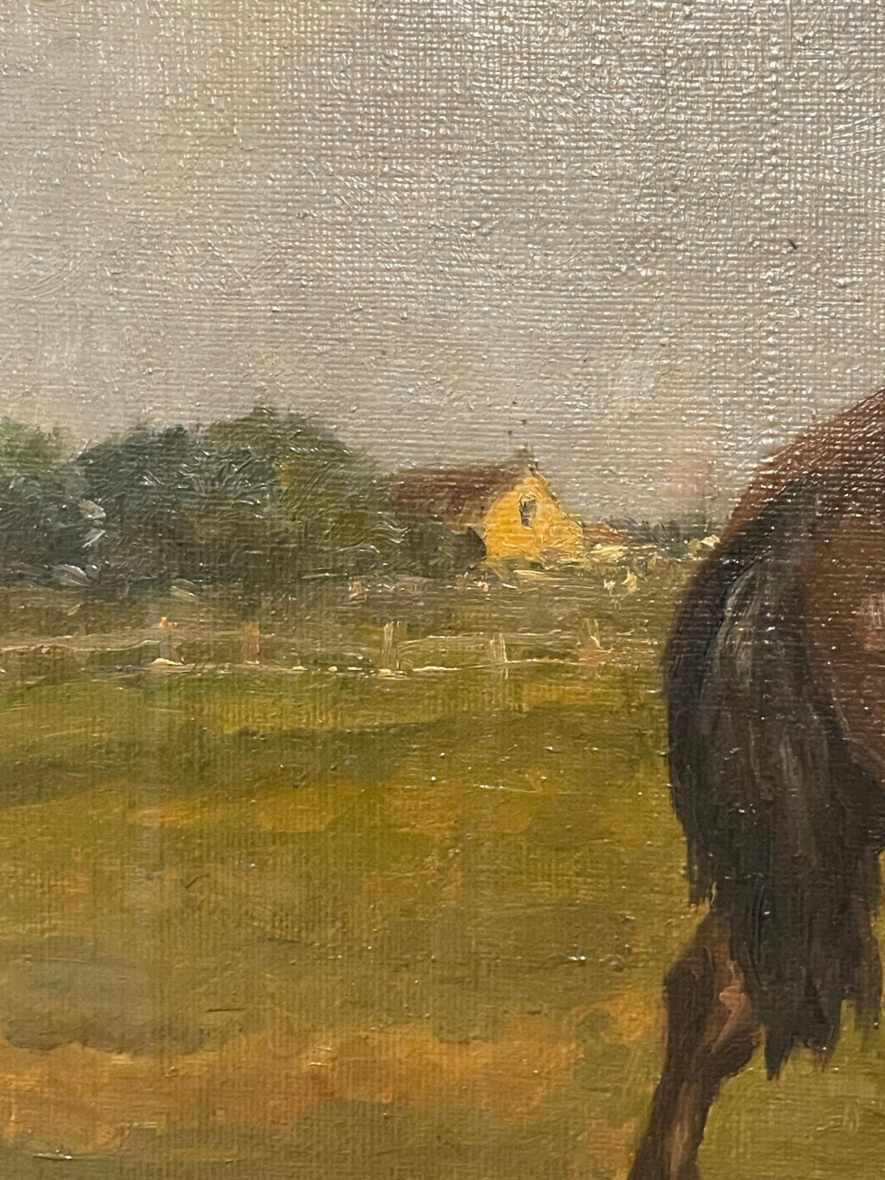 Romantico Dipinto a olio antico del 20° secolo proveniente dalla Danimarca con cavallo e puledro