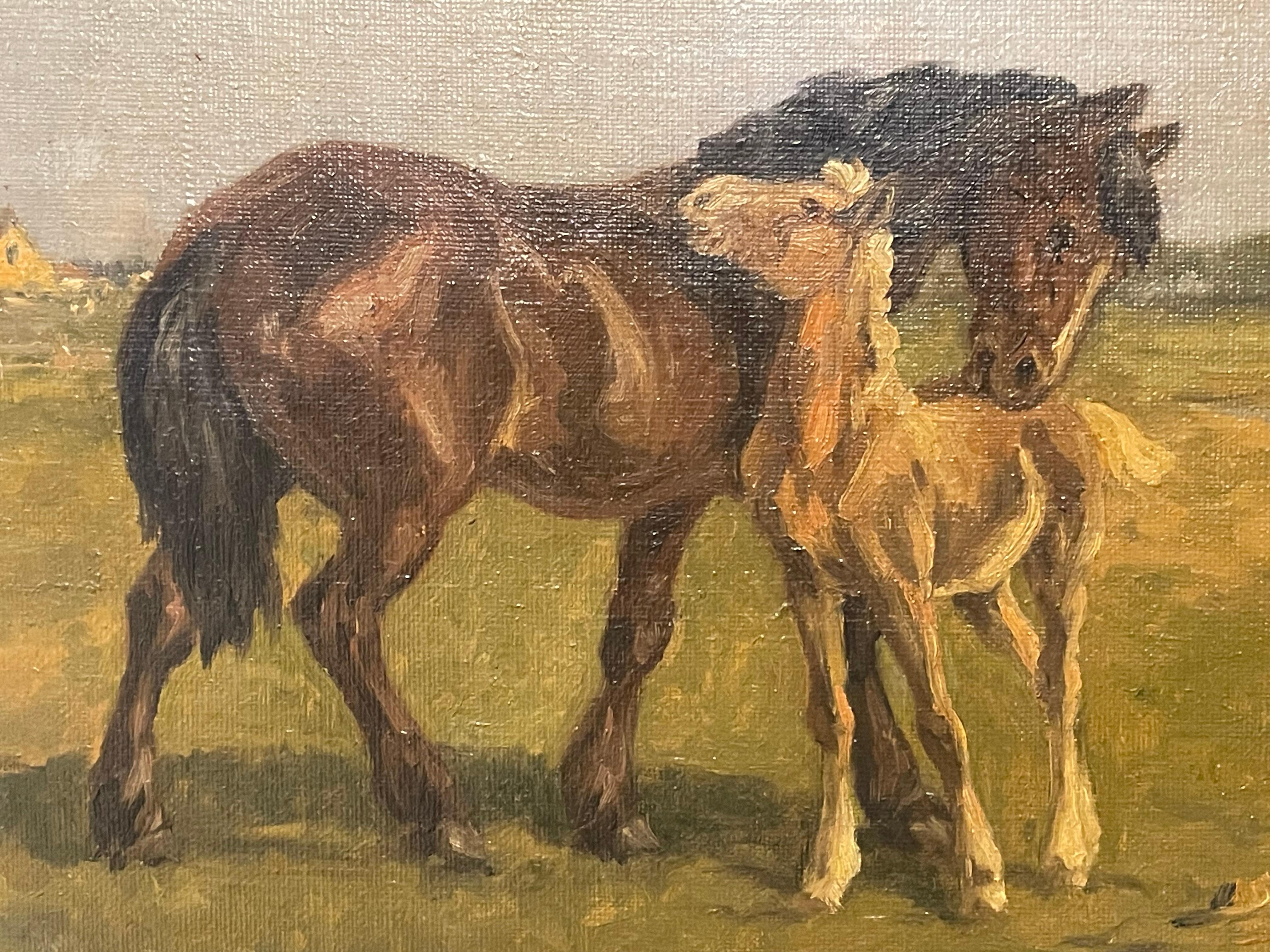 Danese Dipinto a olio antico del 20° secolo proveniente dalla Danimarca con cavallo e puledro