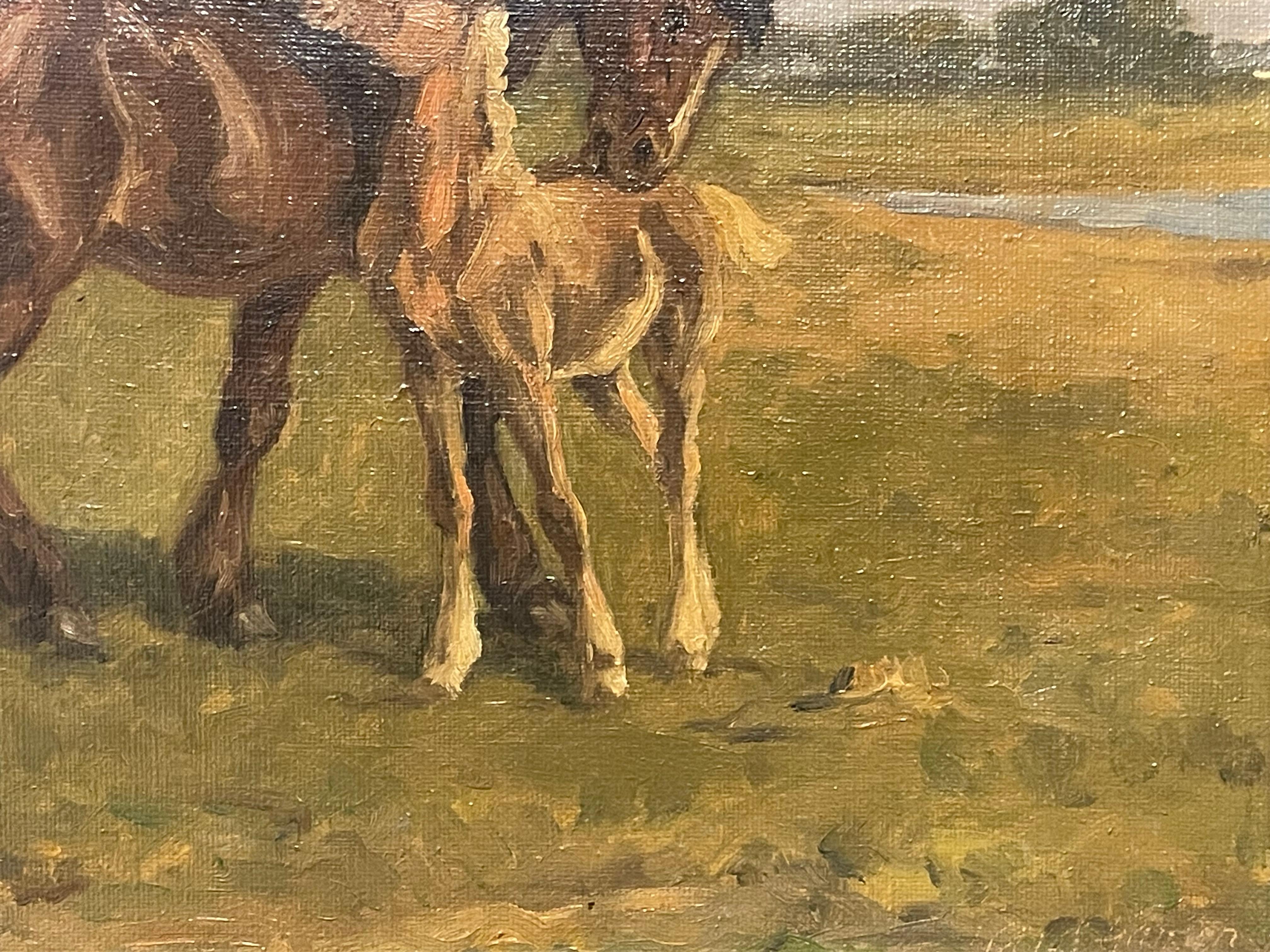 XX secolo Dipinto a olio antico del 20° secolo proveniente dalla Danimarca con cavallo e puledro