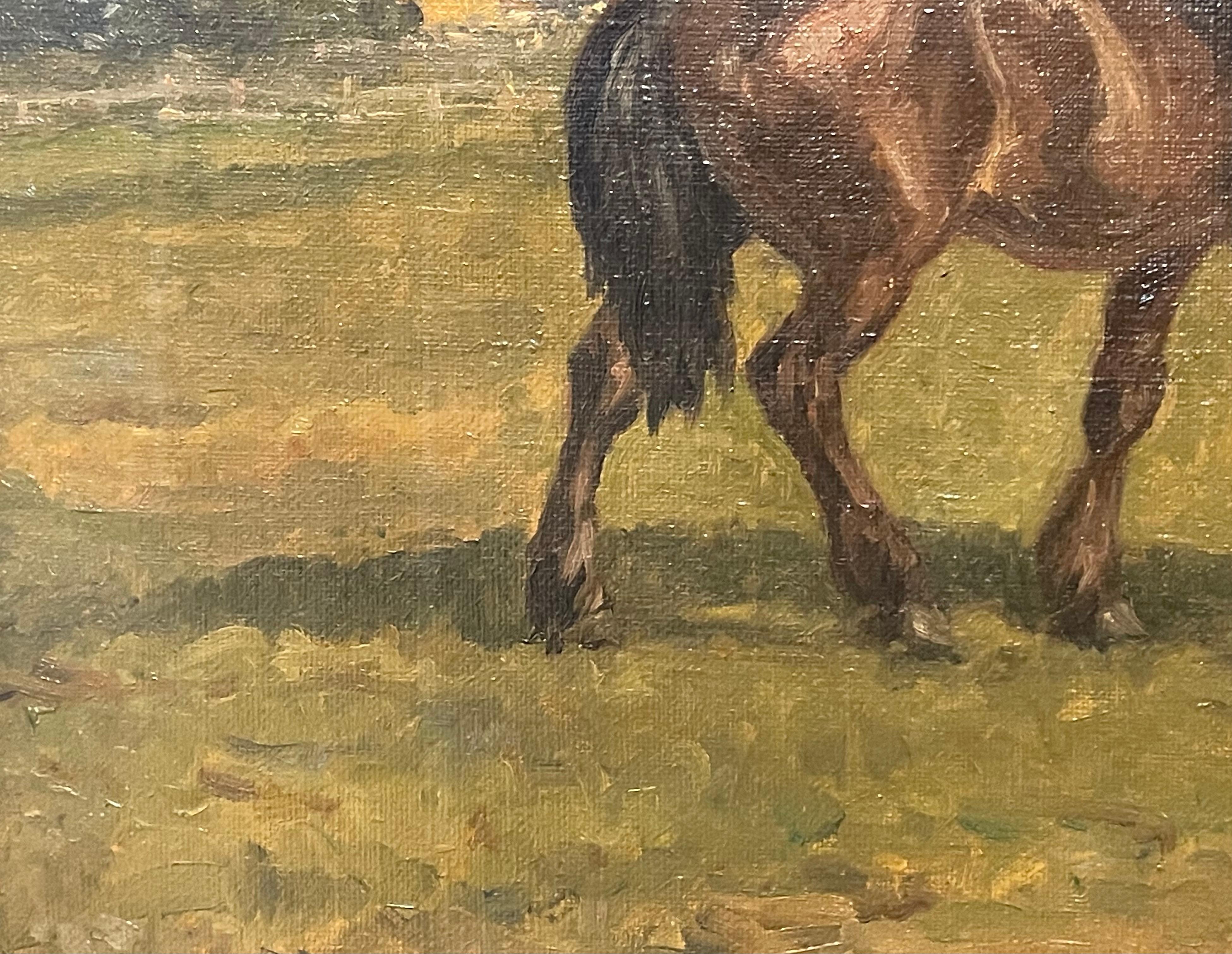 Pittura Dipinto a olio antico del 20° secolo proveniente dalla Danimarca con cavallo e puledro