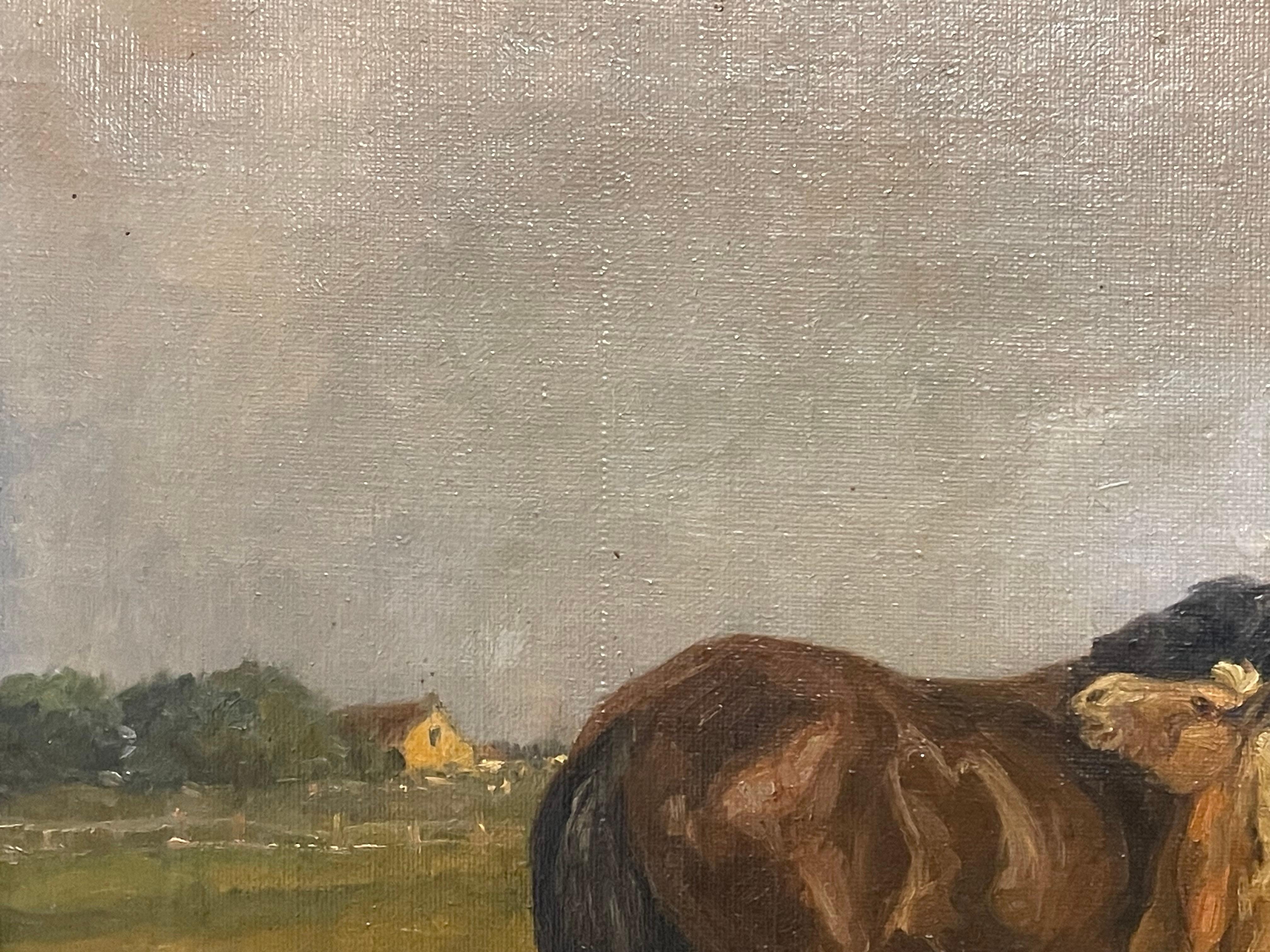 Dipinto a olio antico del 20° secolo proveniente dalla Danimarca con cavallo e puledro 1