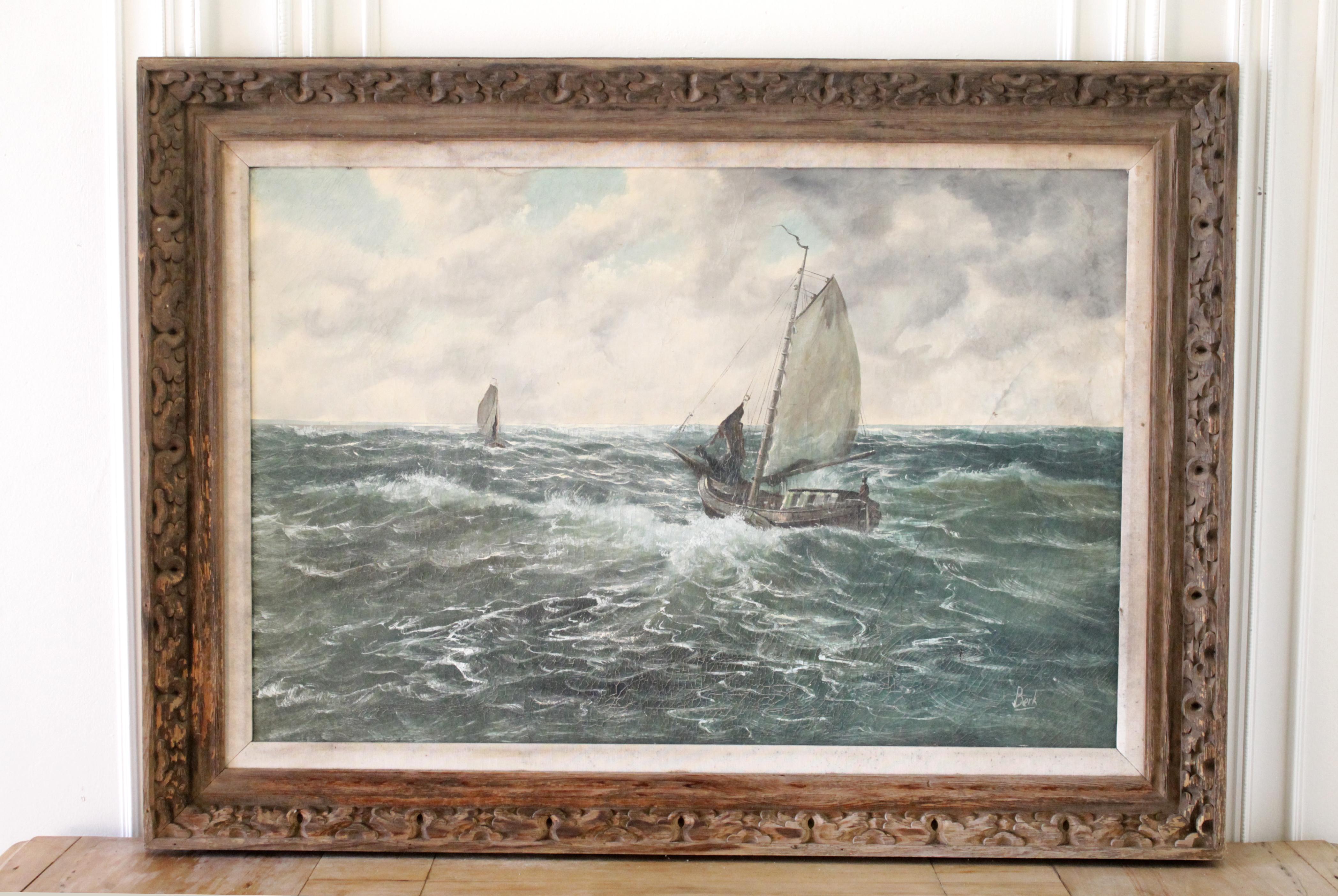 Early 20th century antique oil painting of a Sailboat by Berk
Oil painting has some wear, the whole canvas has a crackled appearance, and there is a small puncture to the right near signature.
Beautiful antique patina, and framed in a wood and