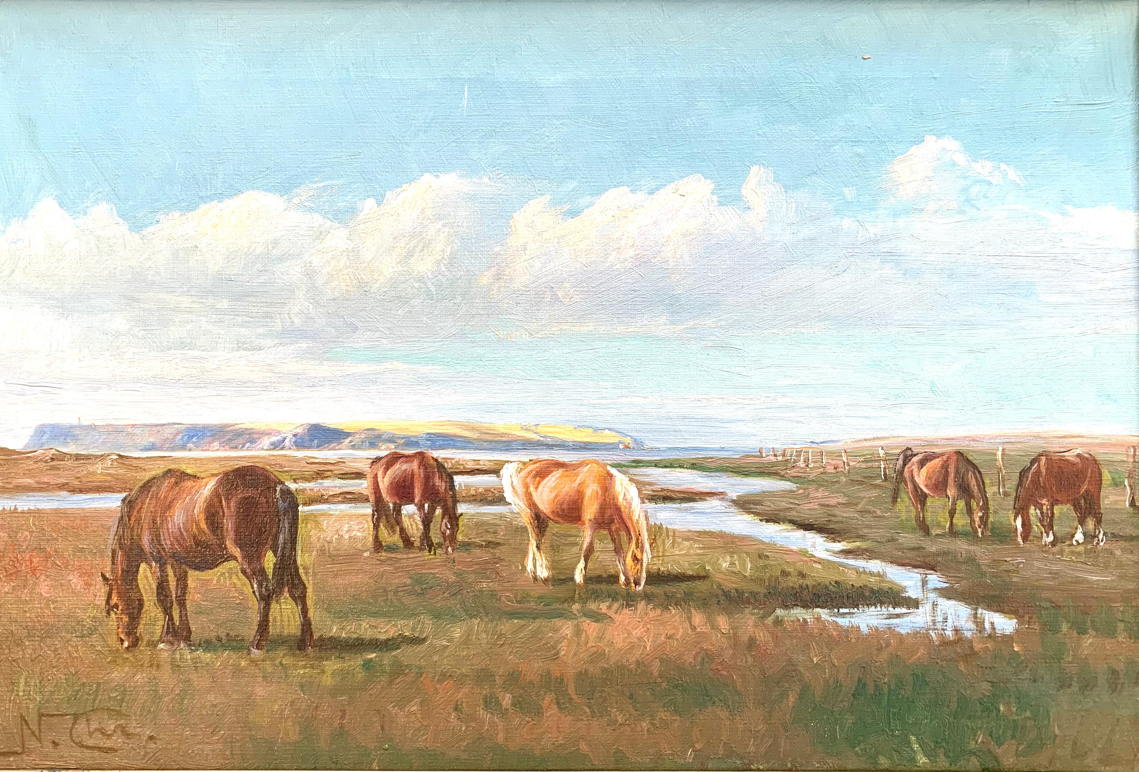 Cette belle peinture naturaliste de Niels Christiansen (1873-1960) avec pour motif des chevaux paissant dans les marécages près de la mer dégage une atmosphère de nature calme et cultivée. Le motif pourrait provenir de l'île de Saltholm, dans l'est