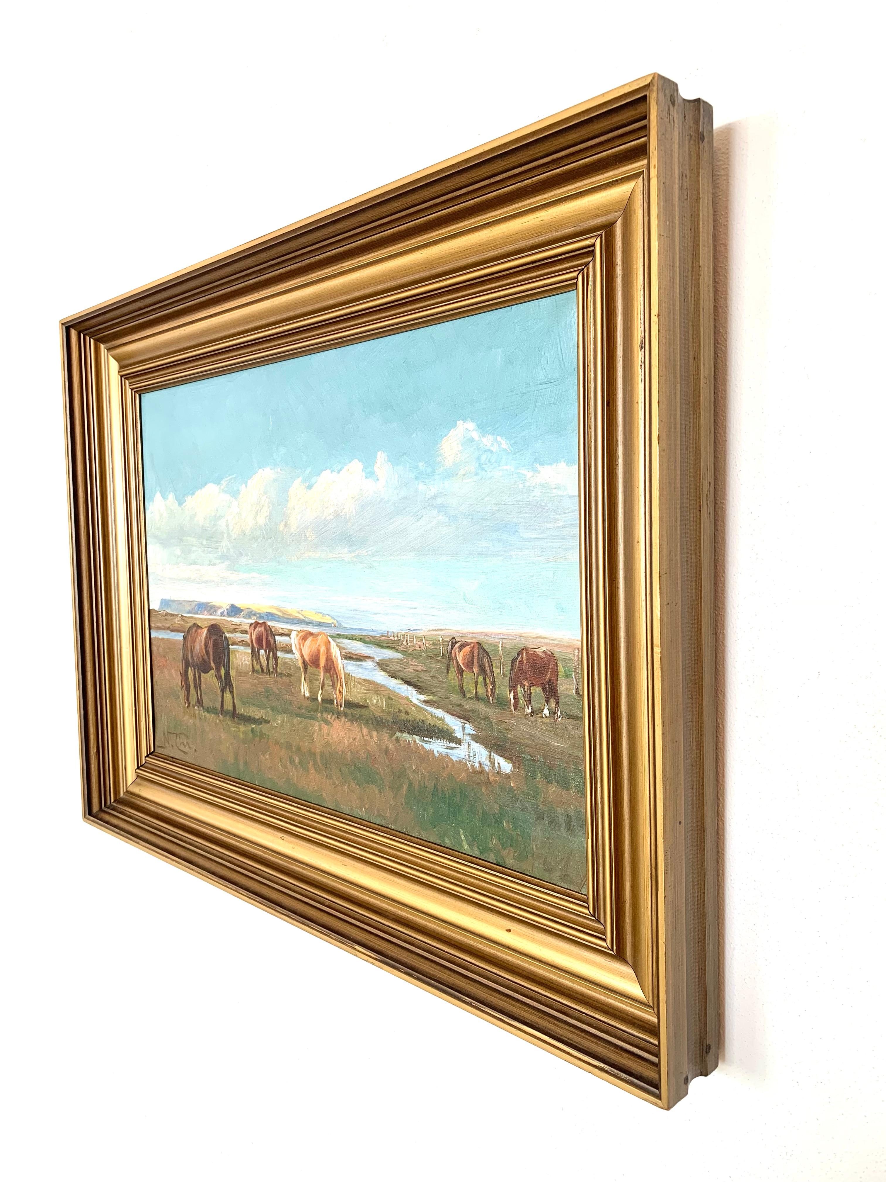 Romantique Peinture à l'huile ancienne du début du 20e siècle avec des chevaux par I Christiansen en vente