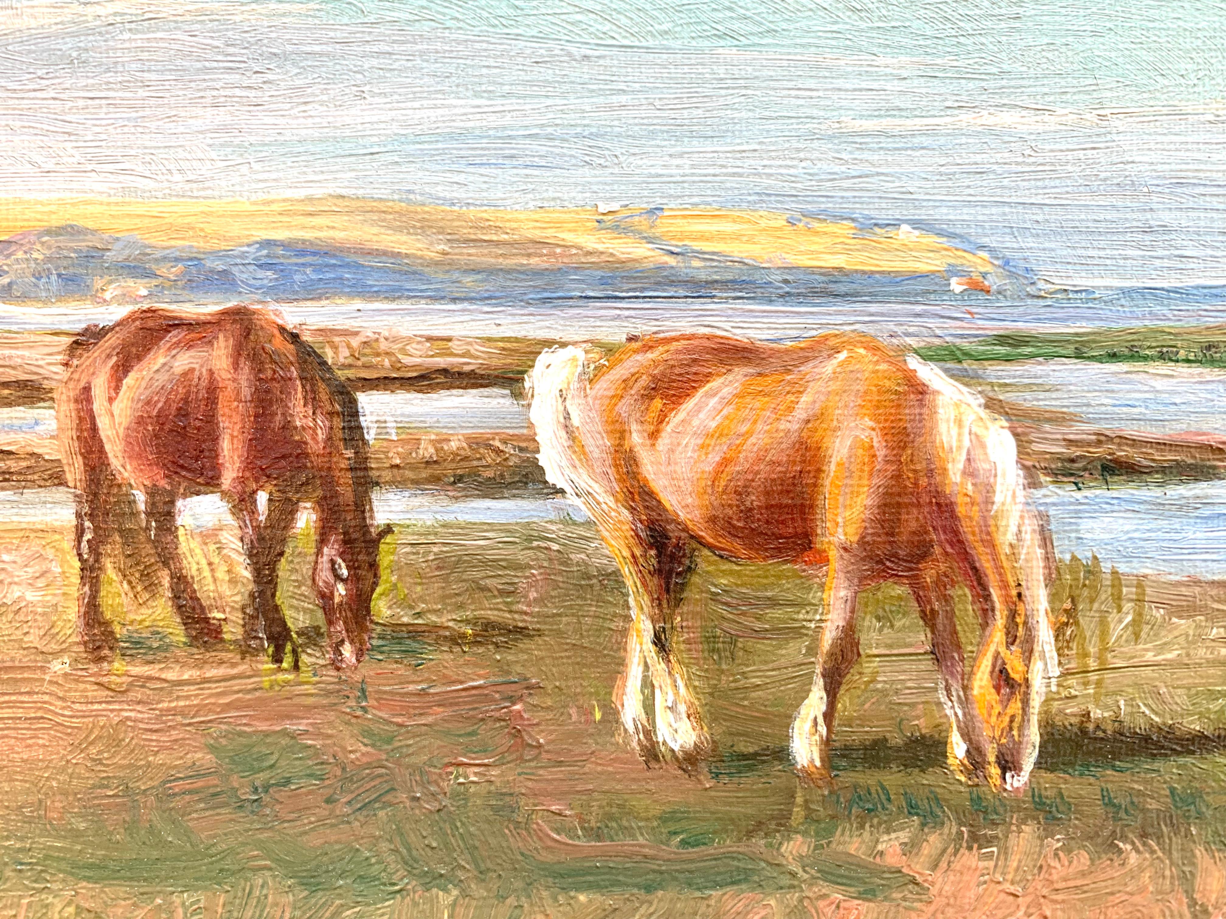 Danois Peinture à l'huile ancienne du début du 20e siècle avec des chevaux par I Christiansen en vente