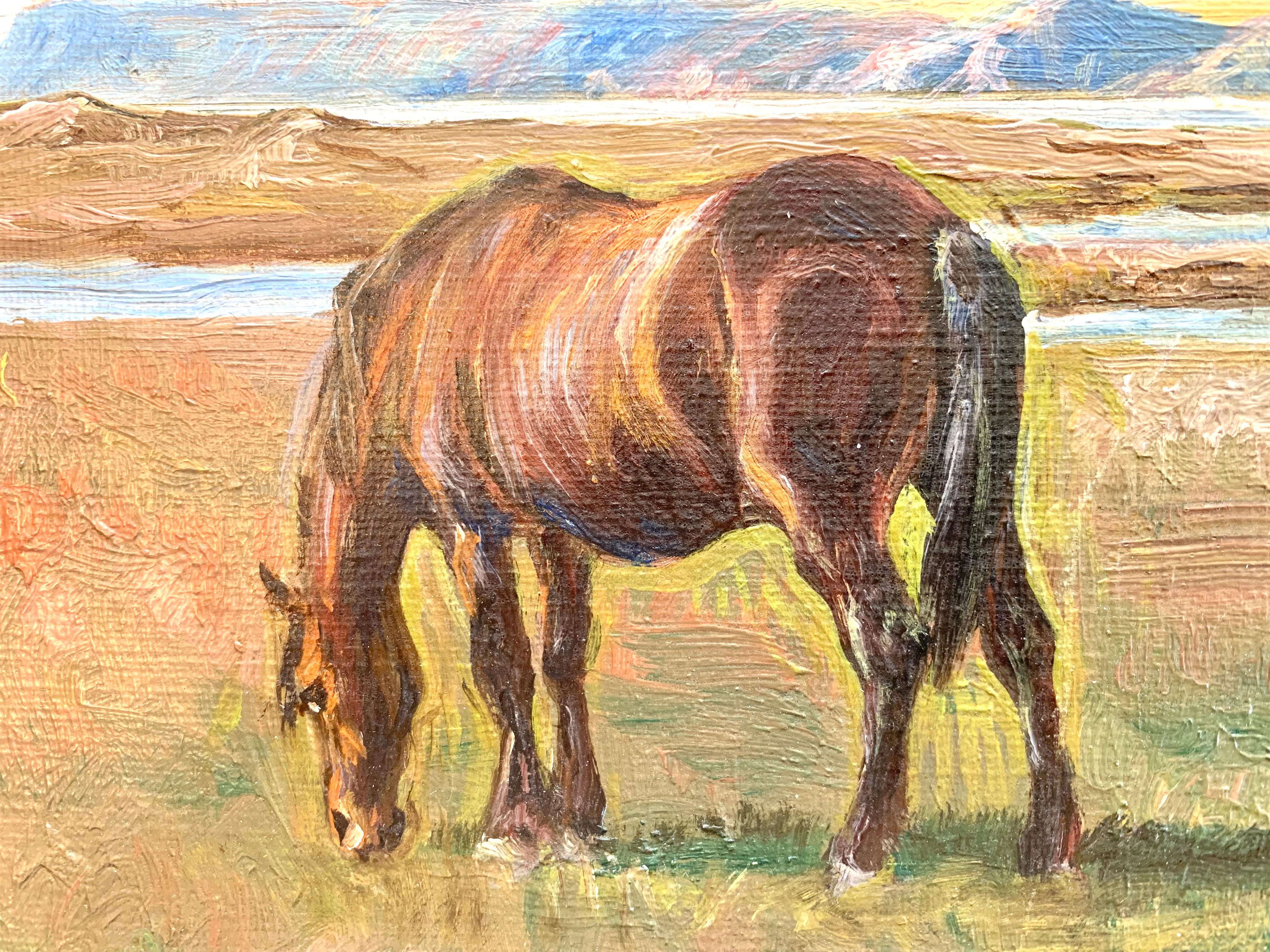 Peinture à l'huile ancienne du début du 20e siècle avec des chevaux par I Christiansen Bon état - En vente à Ebberup, DK