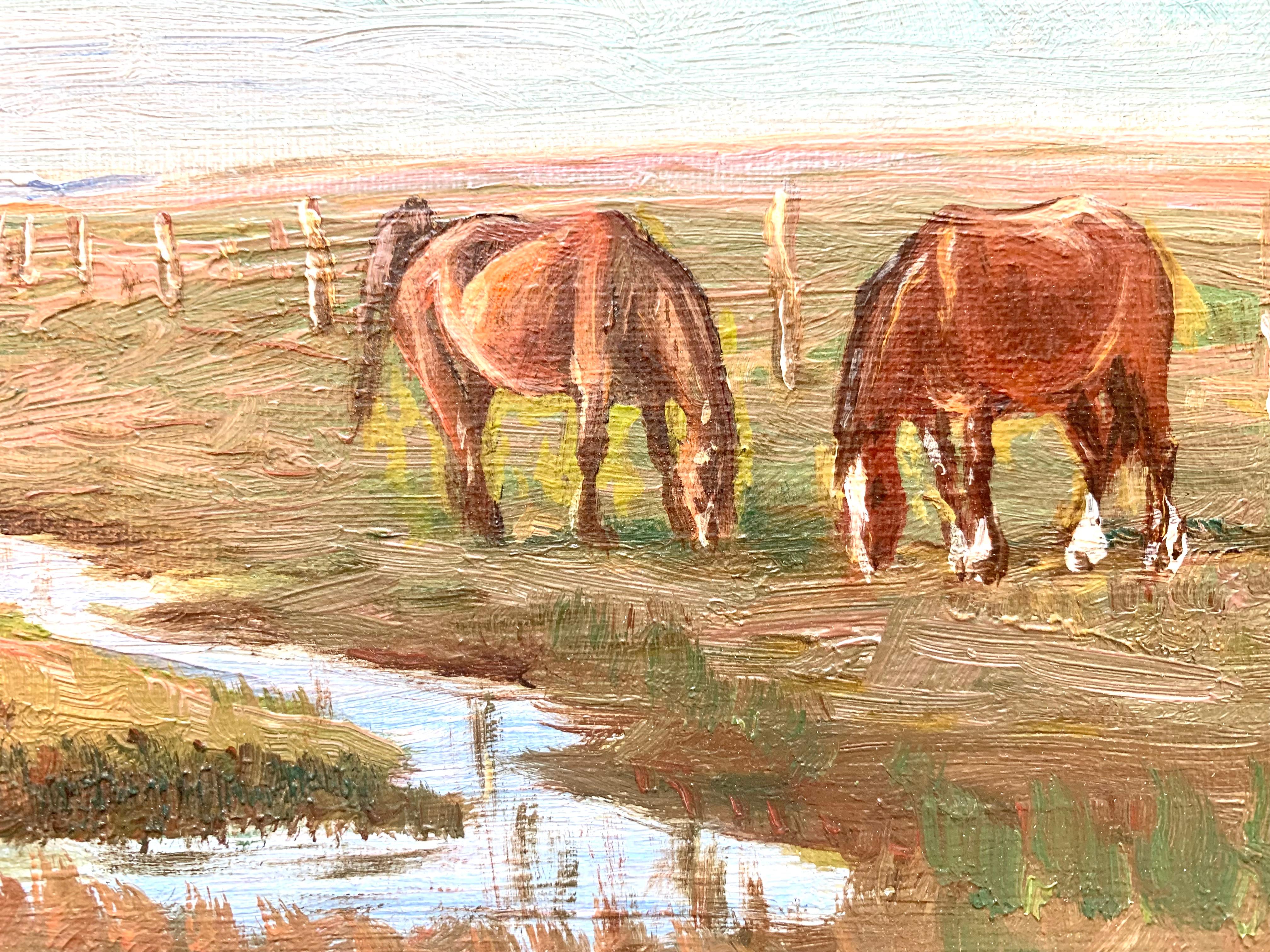 20ième siècle Peinture à l'huile ancienne du début du 20e siècle avec des chevaux par I Christiansen en vente