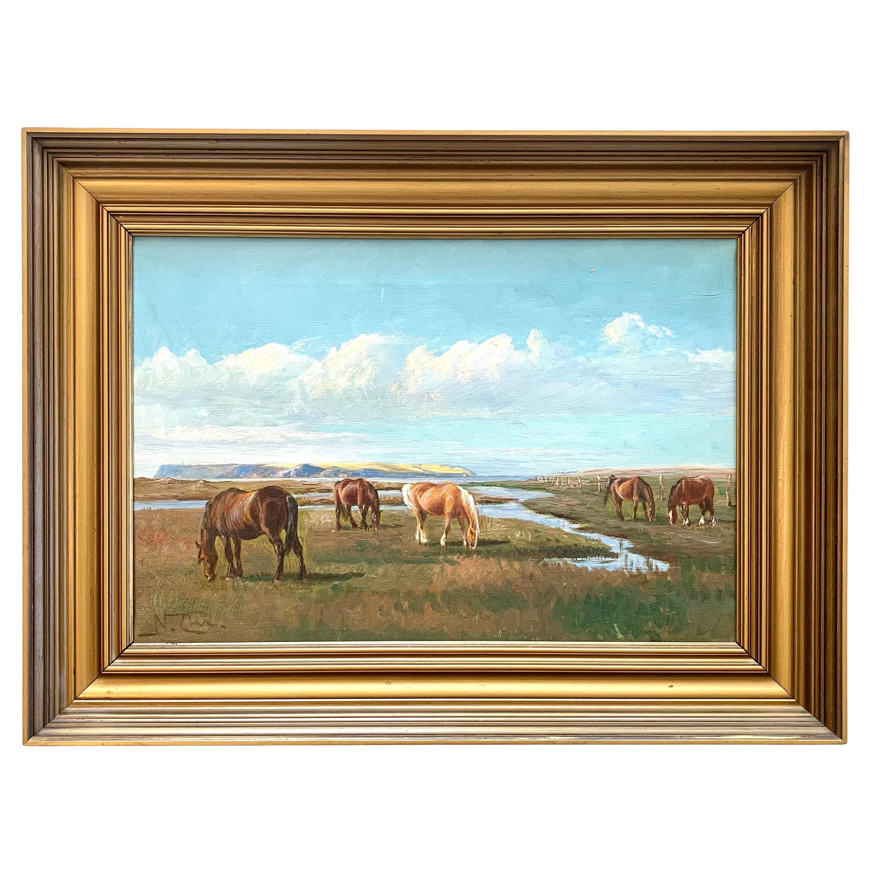 Antico dipinto a olio con cavalli di Niels Christiansen dei primi del Novecento