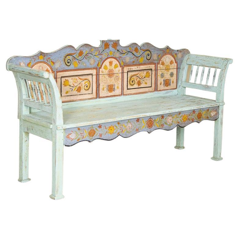 Early 20th Century Antique Original Blue Painted Bench from Romania For Sale