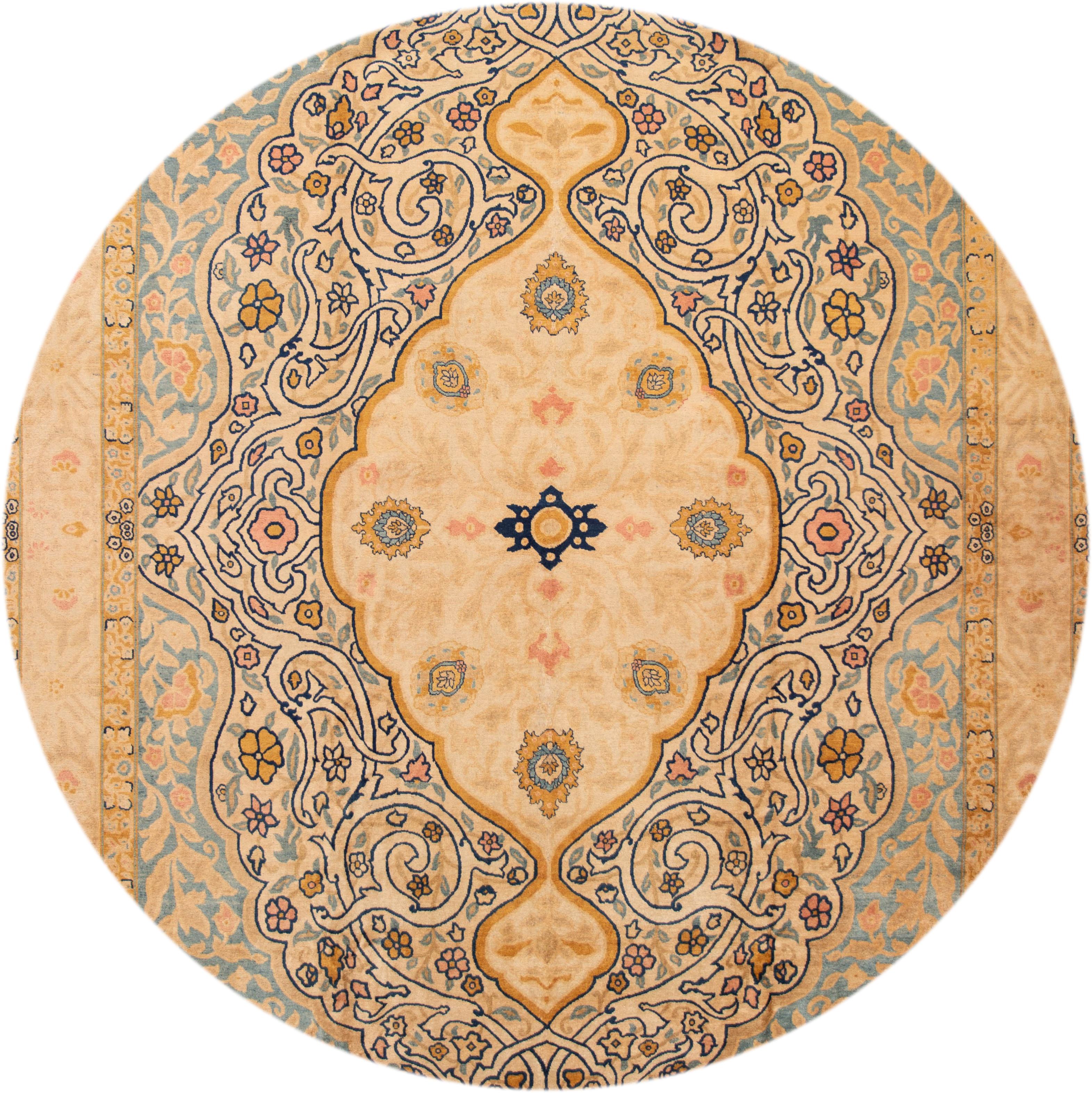 Beautiful antique Persian oversize Tabriz rug, hand-knotted wool with a cream field, gold and blue accents in center medallion design.
This rug measures 11” x 14' 6”
circa 1900.