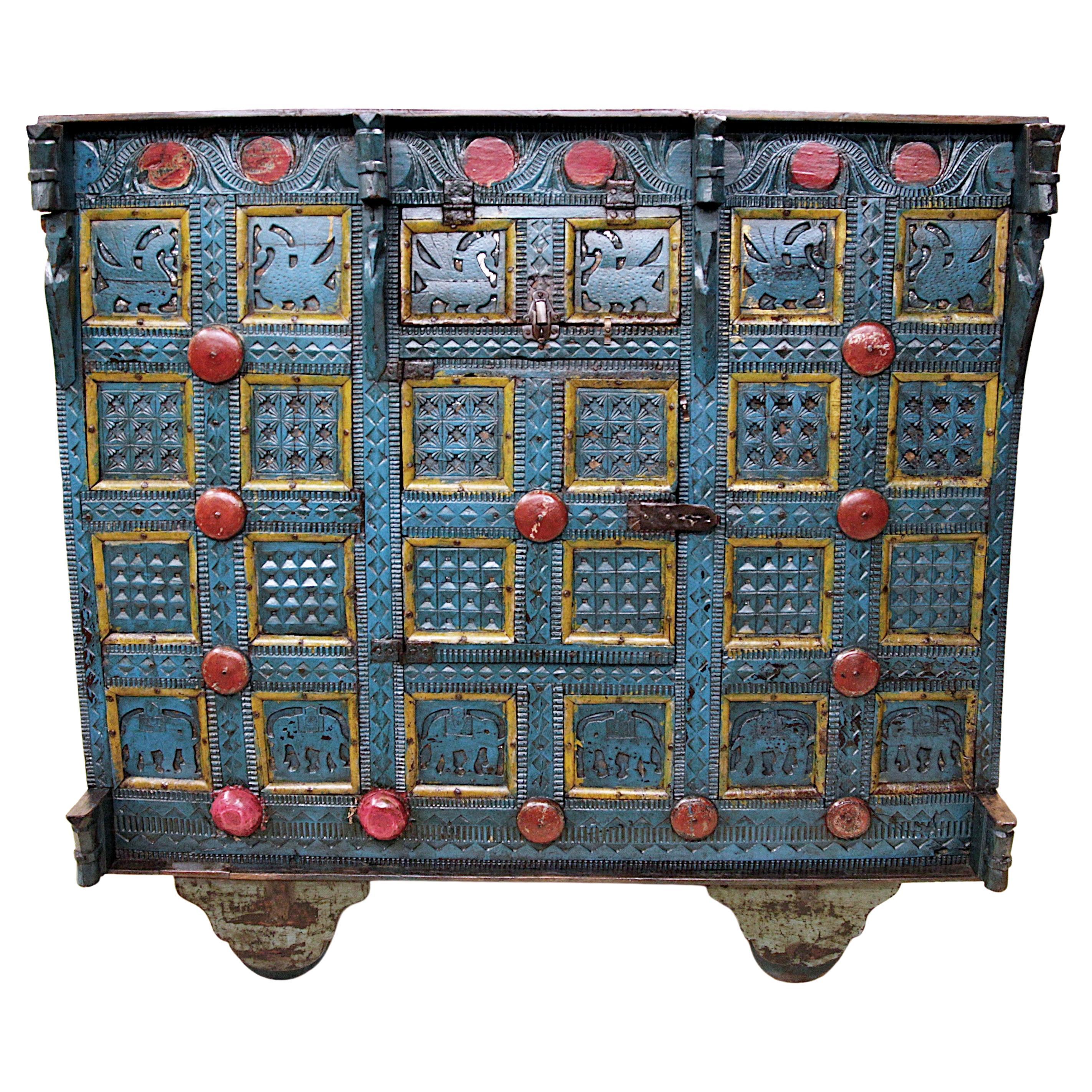 Early 20th Century Antique Painted Indian Rolling Merchant's Chest Trunk For Sale