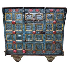 Early 20th Century Used Painted Indian Rolling Merchant's Chest Trunk