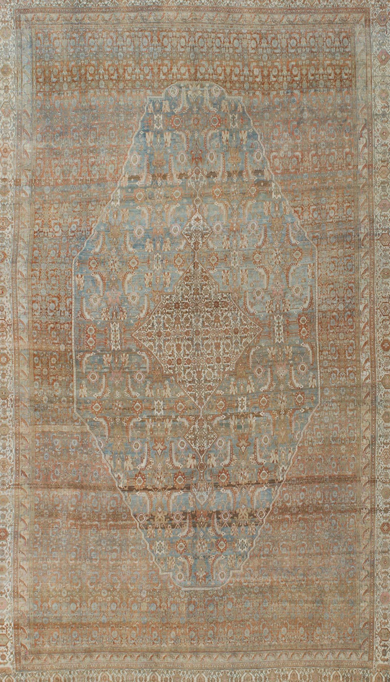 Tribal Early 20th Century Large Antique Persian Bibikabad Rug in Light Blue Background  For Sale