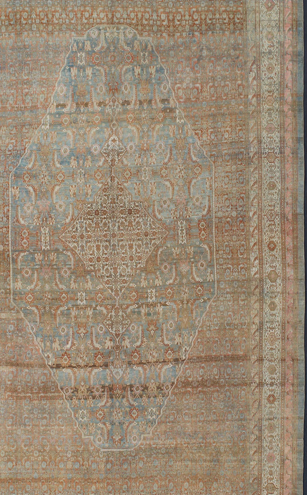 Hand-Knotted Early 20th Century Large Antique Persian Bibikabad Rug in Light Blue Background  For Sale