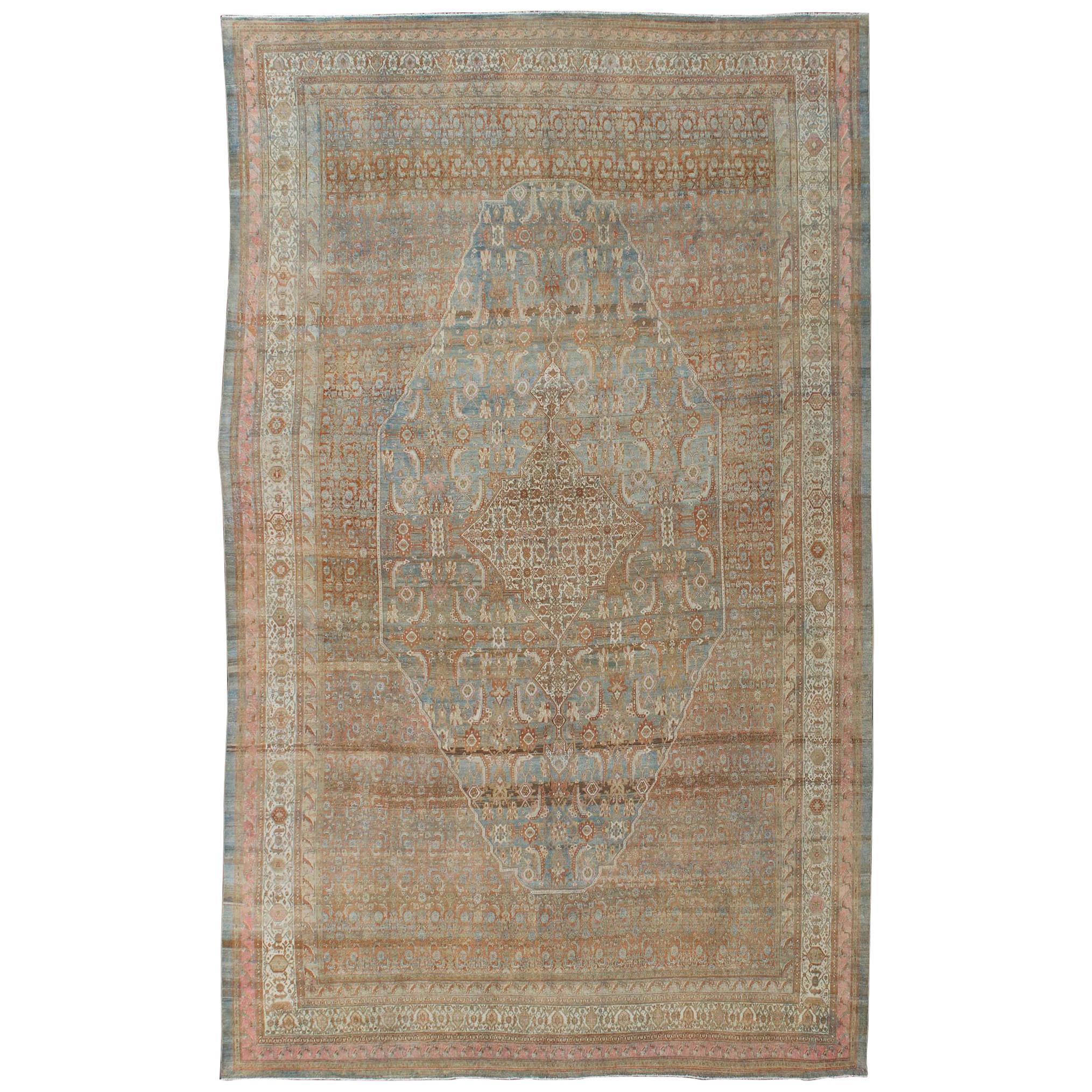 Early 20th Century Large Antique Persian Bibikabad Rug in Light Blue Background  For Sale