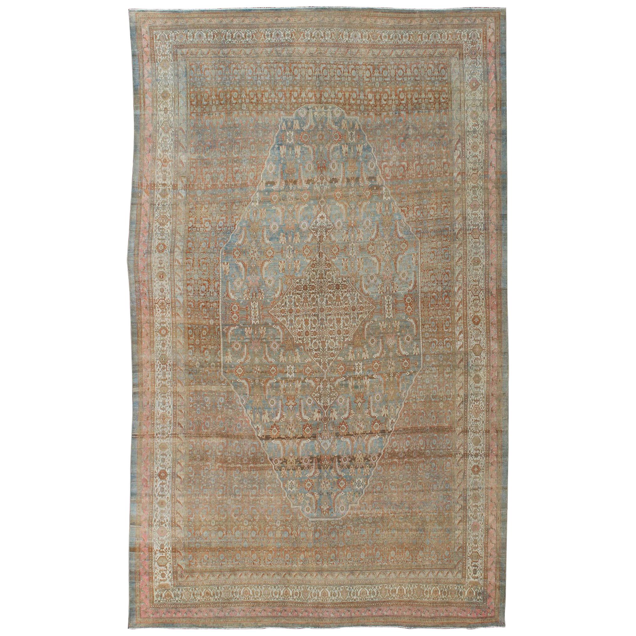 Early 20th Century Large Antique Persian Bibikabad Rug in Light Blue Background