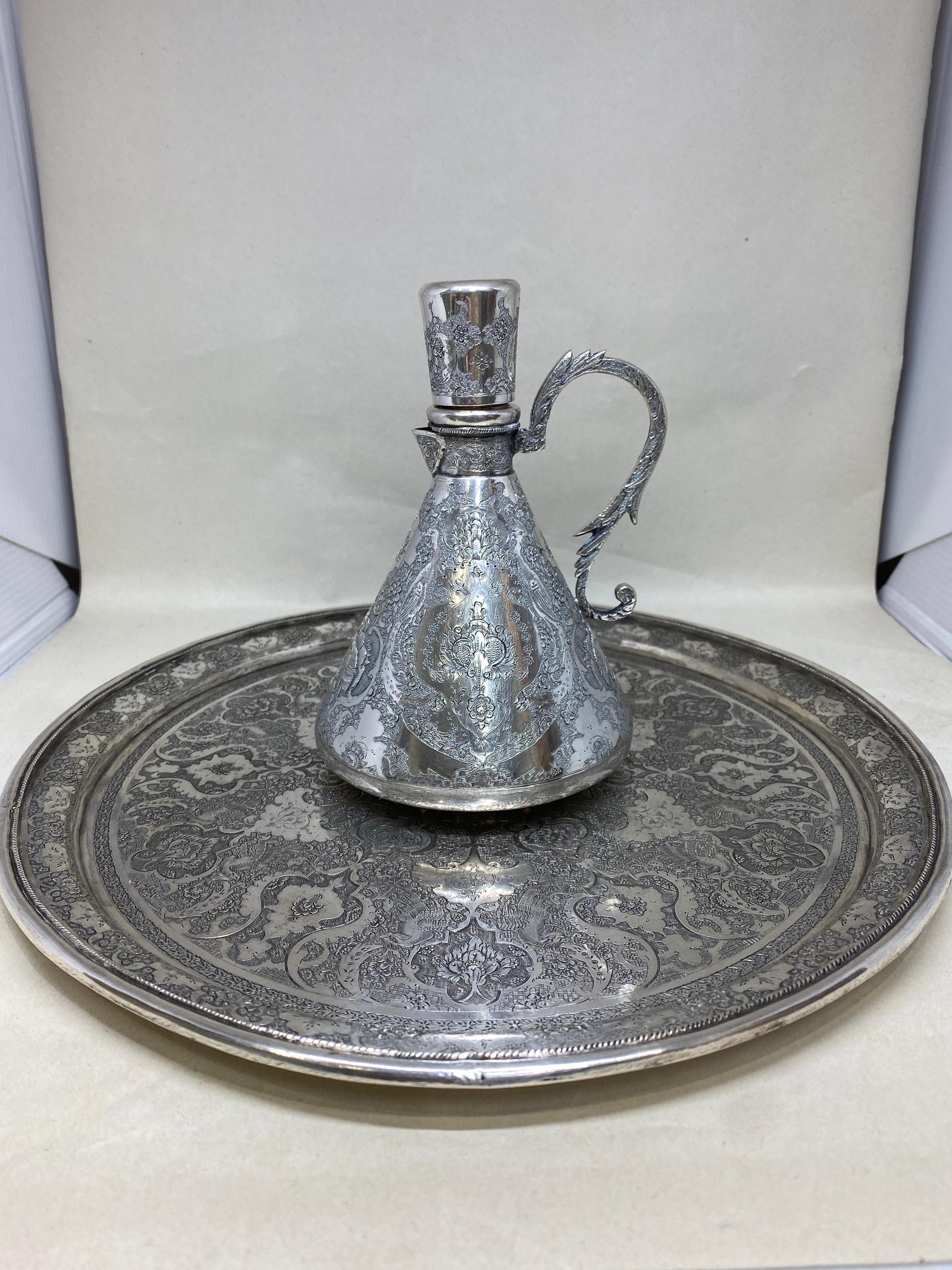 Early 20th Century Antique Persian Hand Chased Silver Decanter, Cup Tray Set For Sale 8