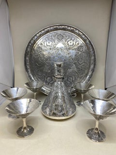 Early 20th Century Antique Persian Hand Chased Silver Decanter, Cup Tray Set