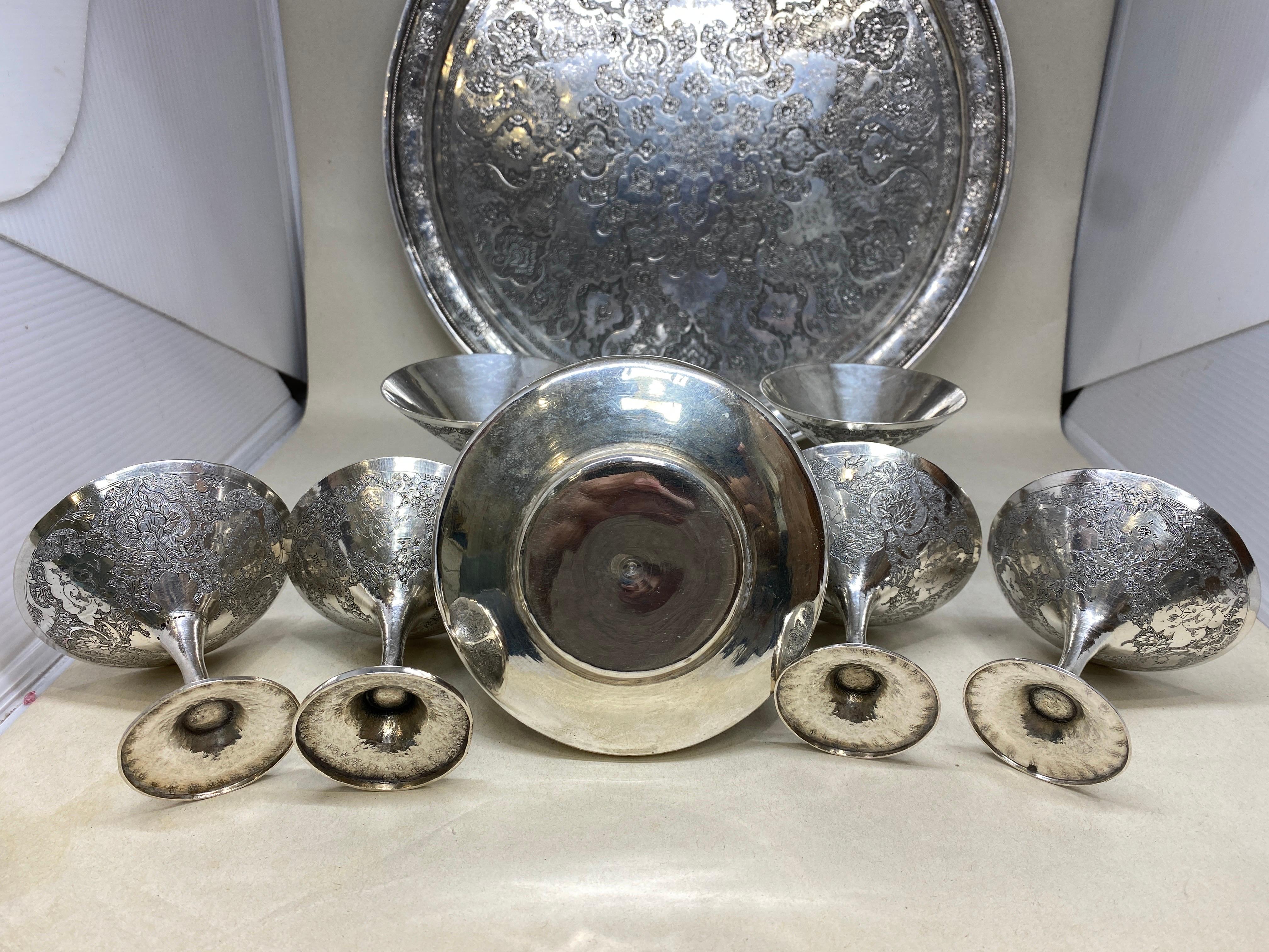 Women's or Men's Early 20th Century Antique Persian Hand Chased Silver Decanter, Cup Tray Set For Sale