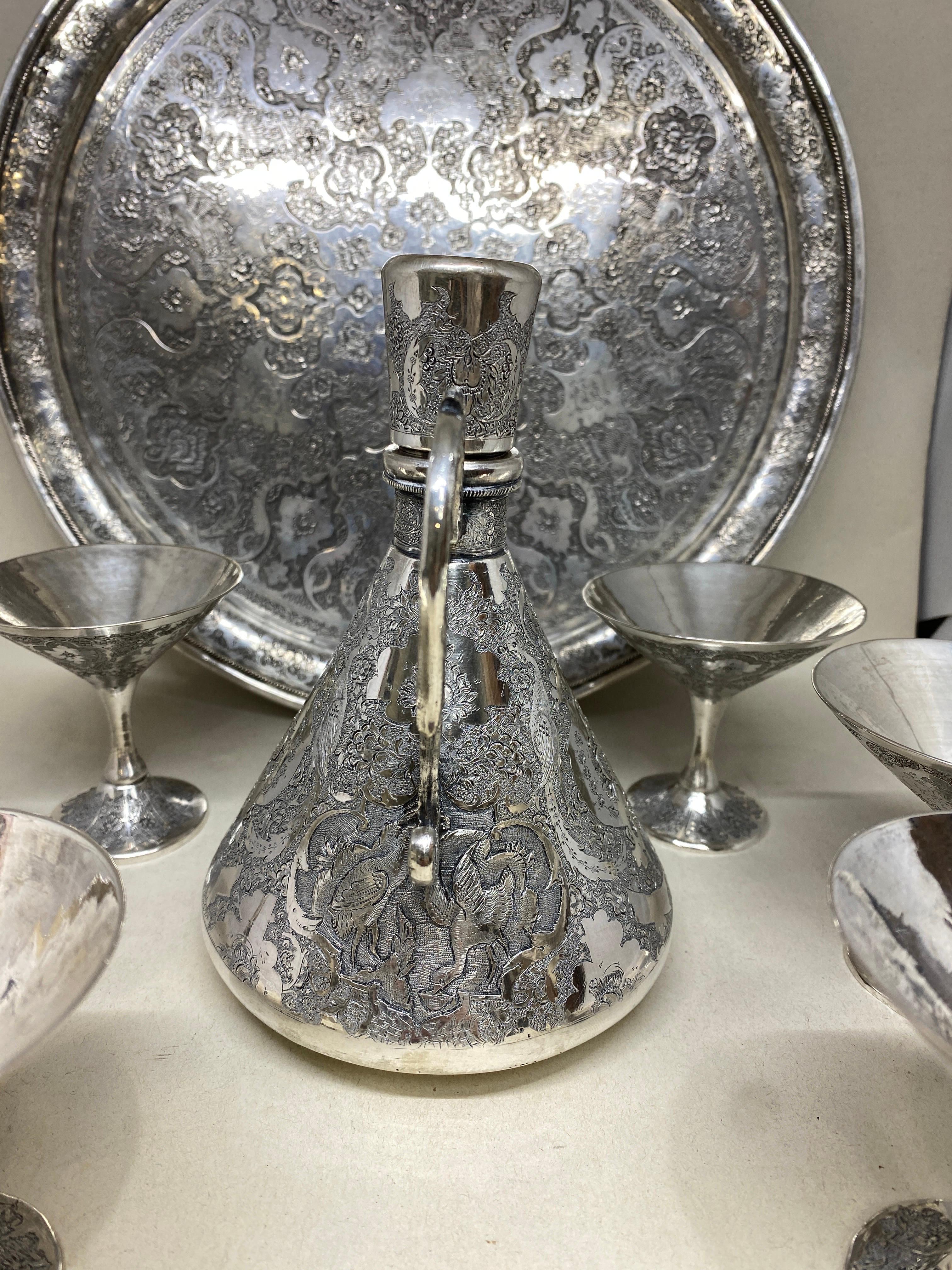 Early 20th Century Antique Persian Hand Chased Silver Decanter, Cup Tray Set For Sale 1