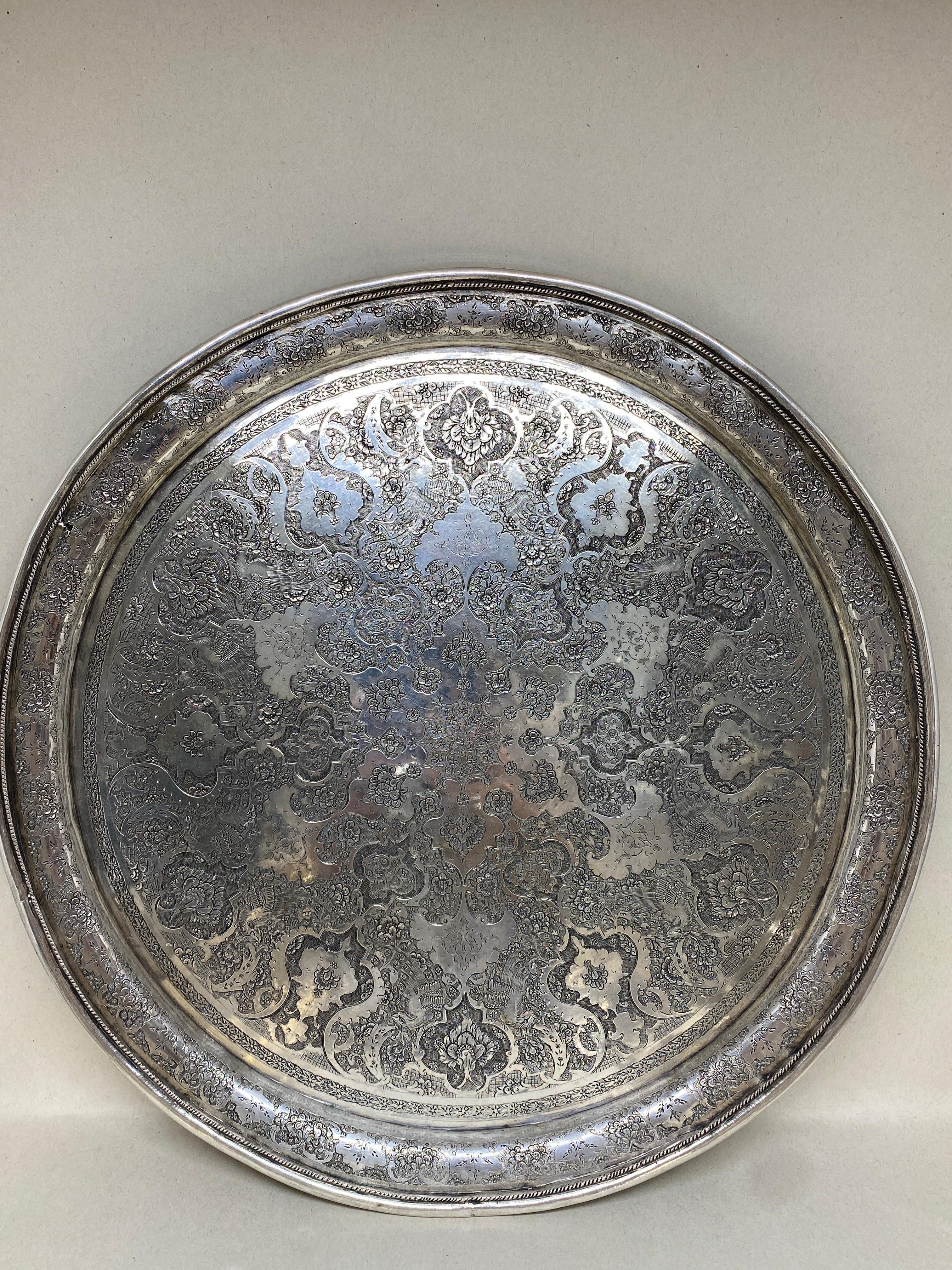 Early 20th Century Antique Persian Hand Chased Silver Decanter, Cup Tray Set For Sale 2