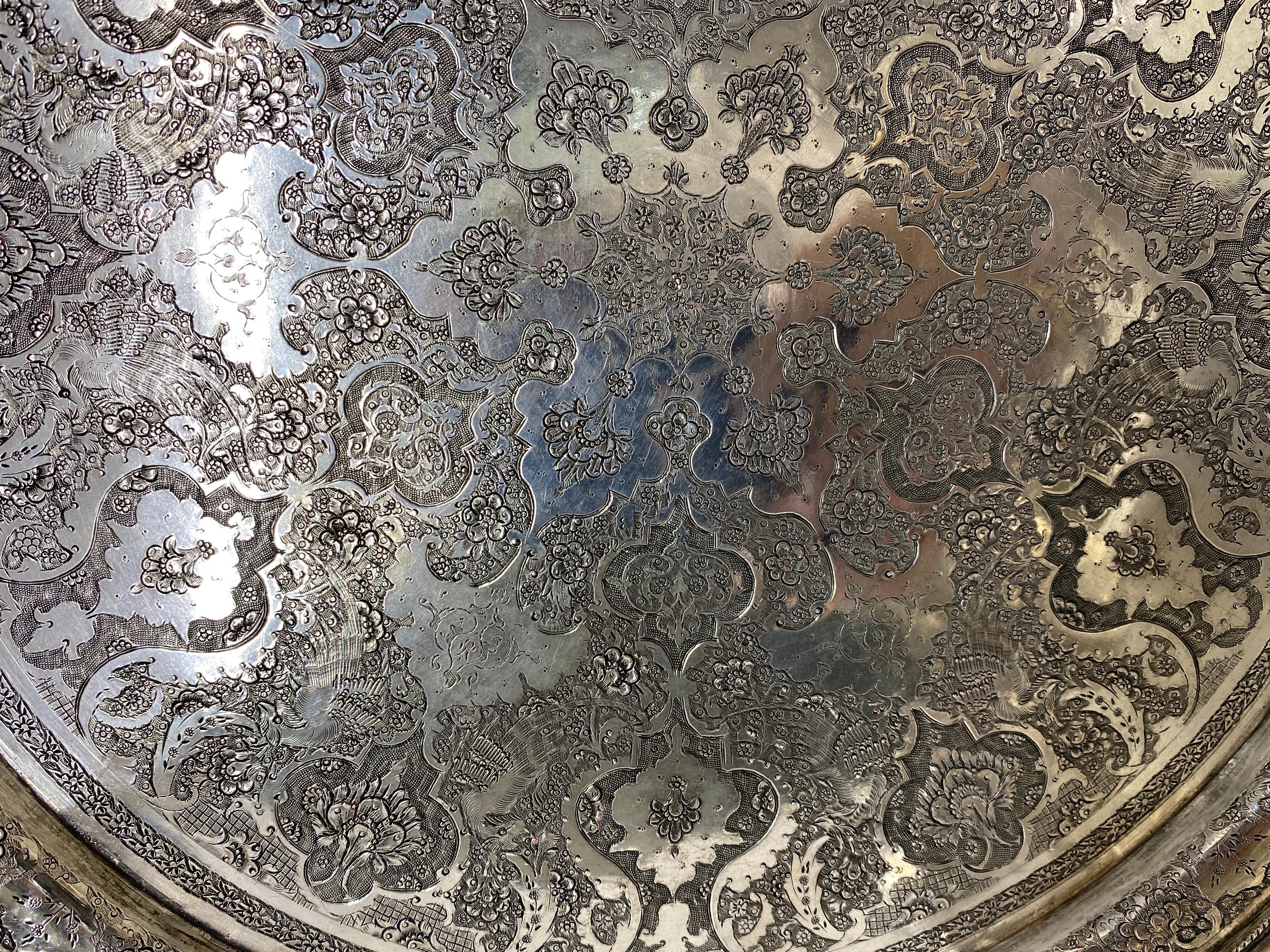 Early 20th Century Antique Persian Hand Chased Silver Decanter, Cup Tray Set For Sale 4