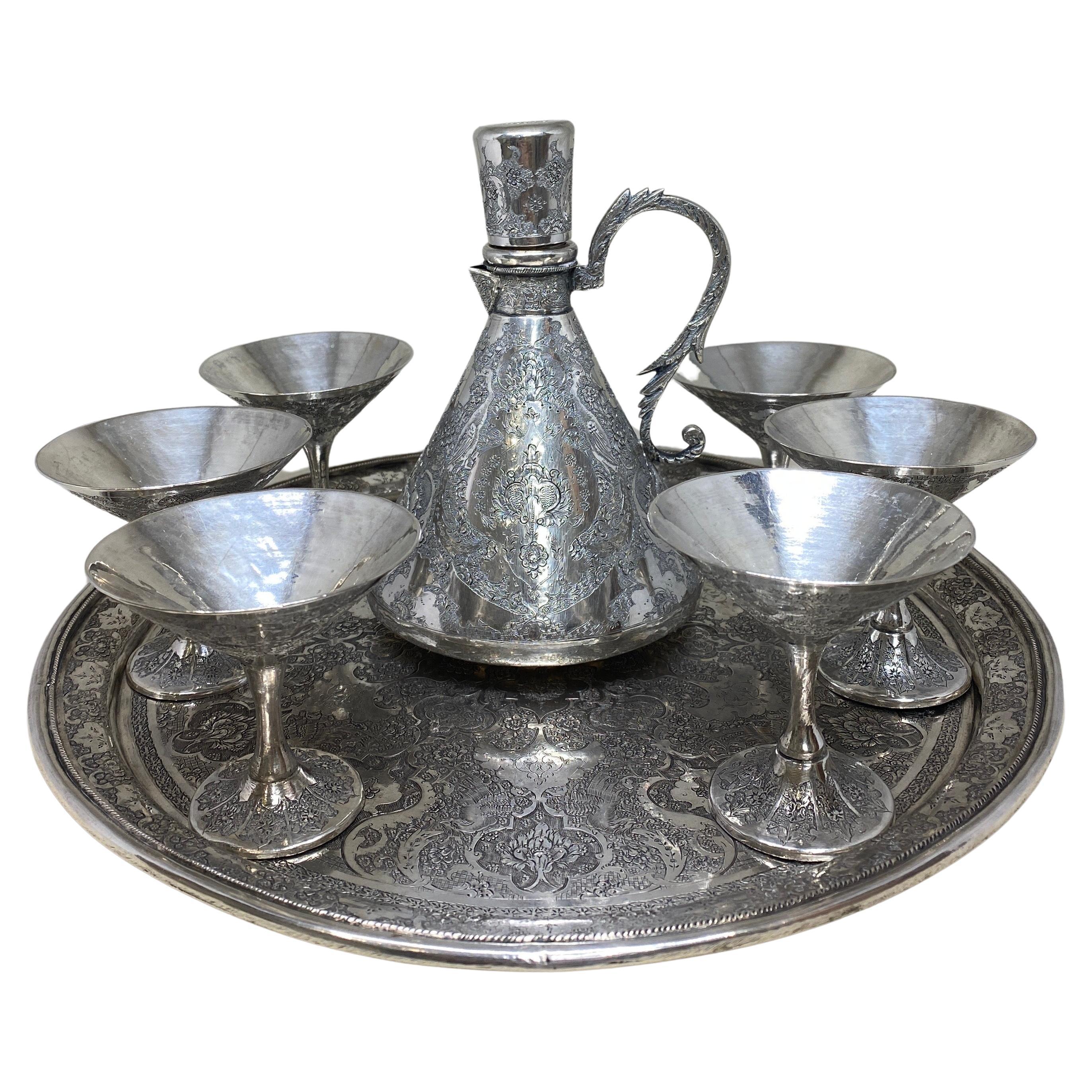 Early 20th Century Antique Persian Hand Chased Silver Decanter, Cup Tray Set