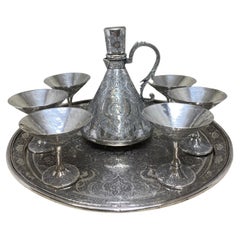 Early 20th Century Antique Persian Hand Chased Silver Decanter, Cup Tray Set