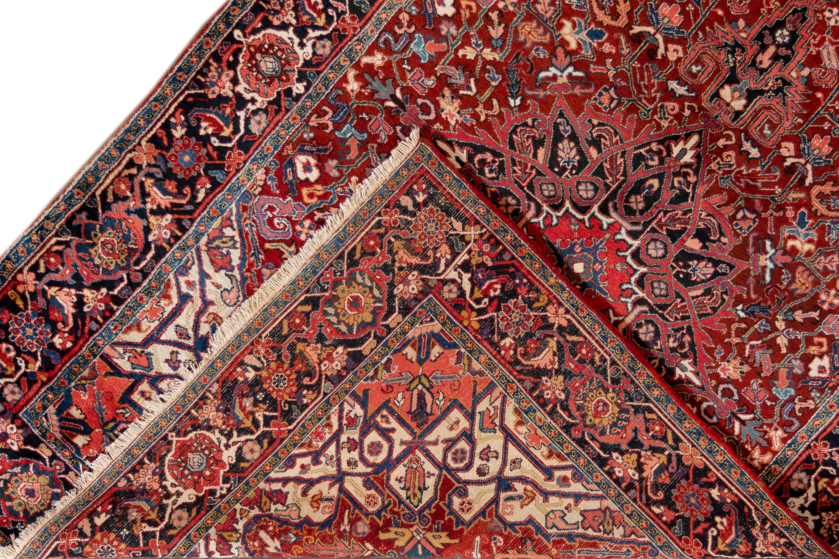 Heriz Serapi Antique Persian Heriz Medallion Handmade Red Wool Rug For Sale