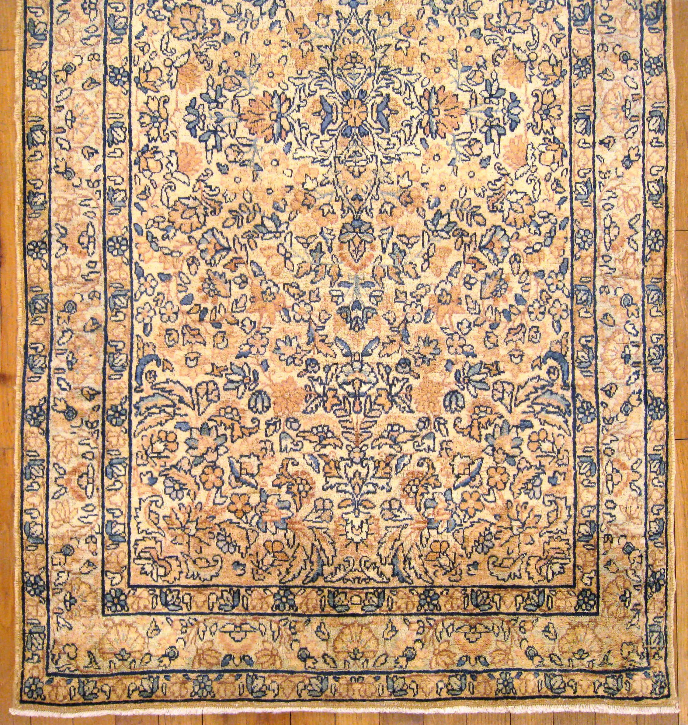 Hand-Knotted Antique Persian Kerman Oriental Rug, in Small size, Fine Floral & Soft Colors For Sale