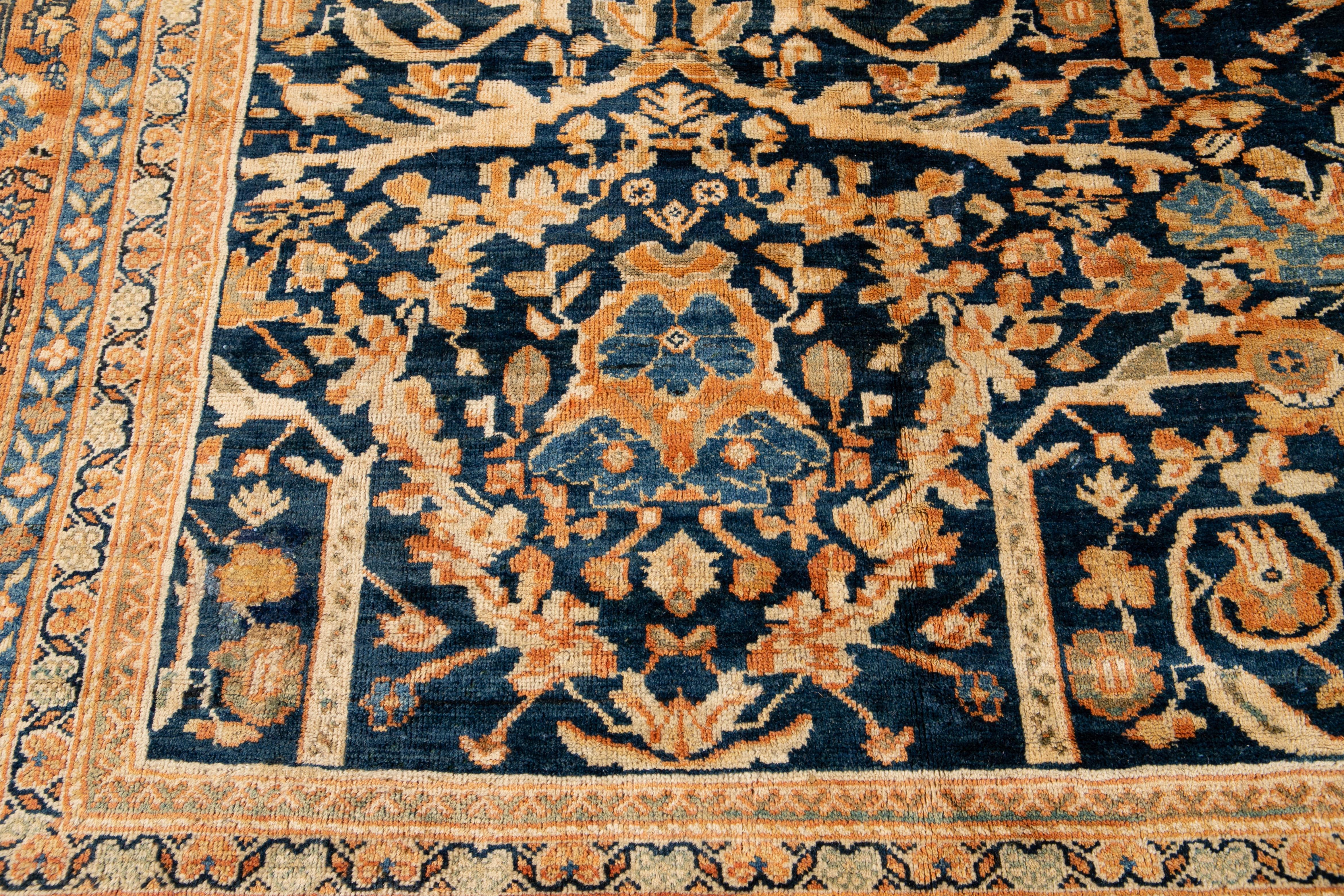 Oversize Antique Persian Mahal Blue Handmade Allover Floral Wool Rug For Sale 1