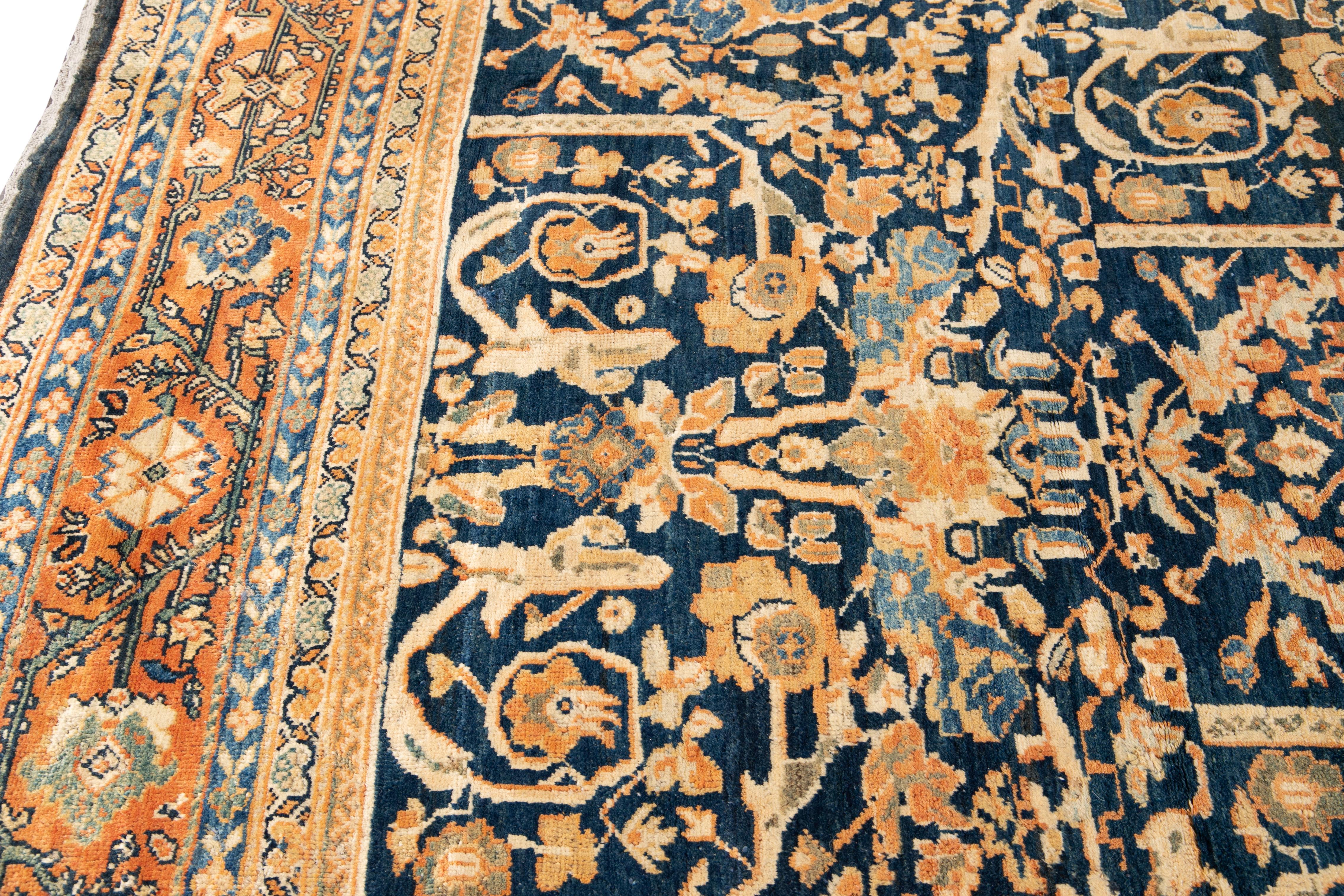 Oversize Antique Persian Mahal Blue Handmade Allover Floral Wool Rug For Sale 5
