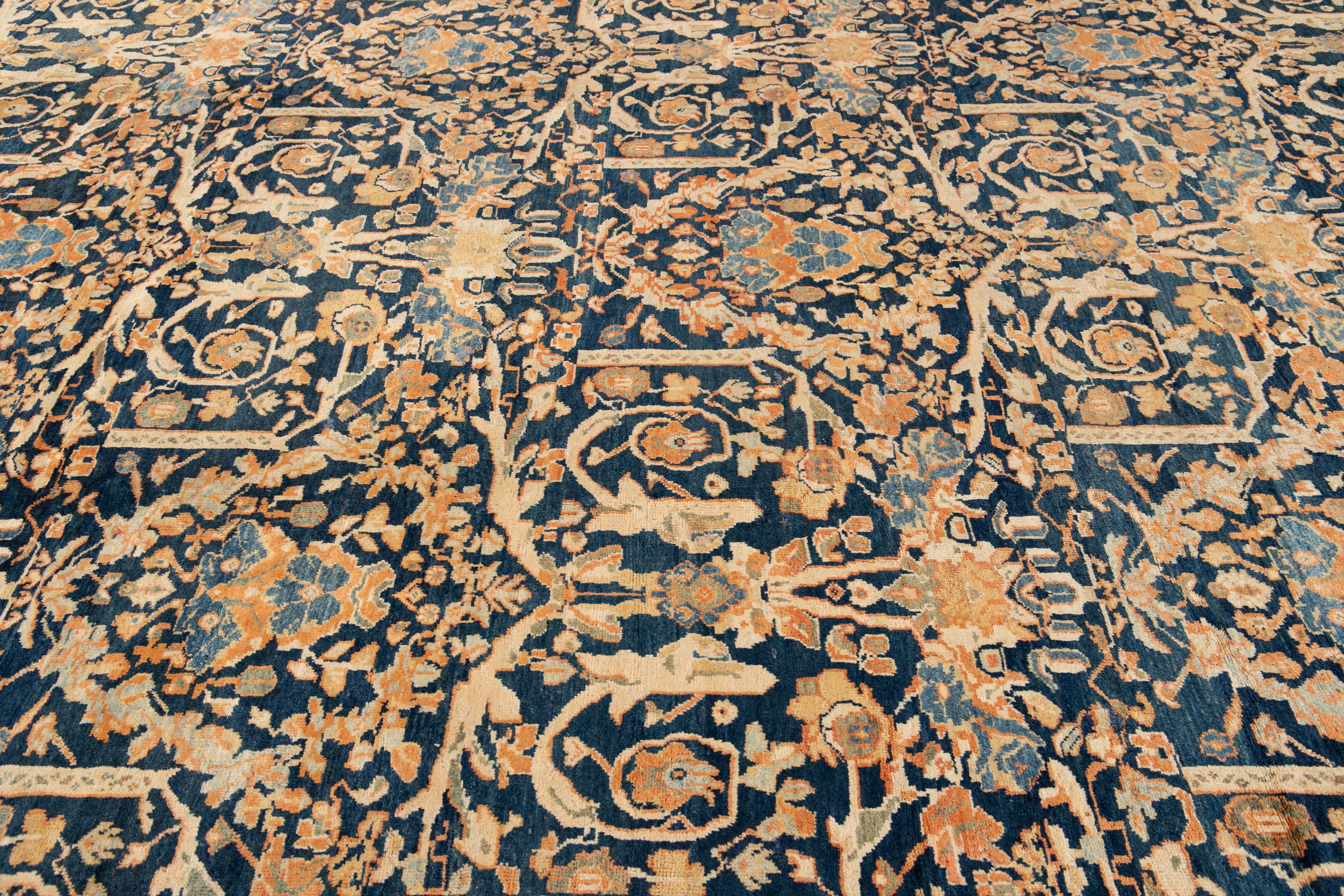 Oversize Antique Persian Mahal Blue Handmade Allover Floral Wool Rug For Sale 7