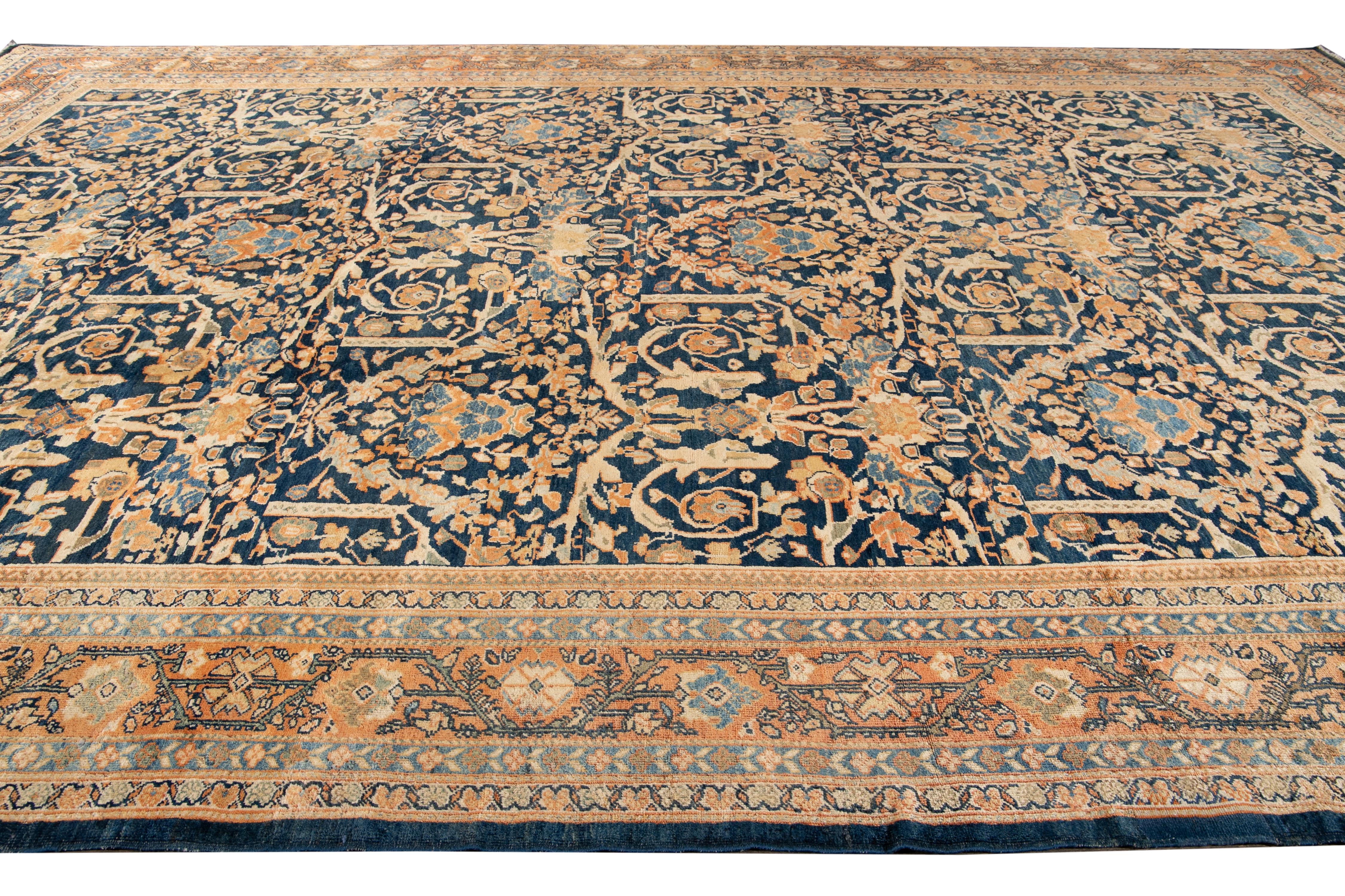 20th Century Oversize Antique Persian Mahal Blue Handmade Allover Floral Wool Rug For Sale