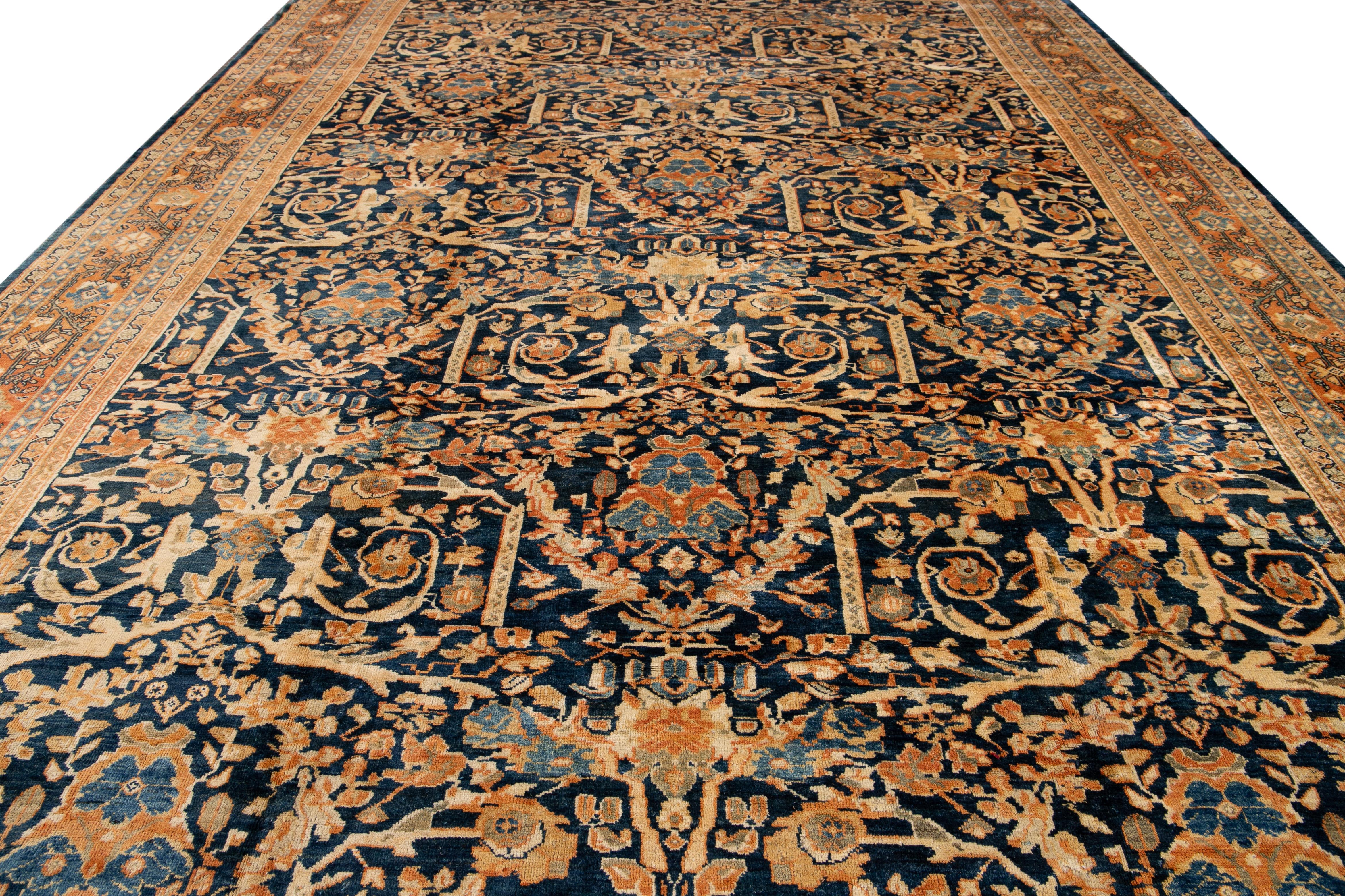 Hand-Knotted Oversize Antique Persian Mahal Blue Handmade Allover Floral Wool Rug For Sale
