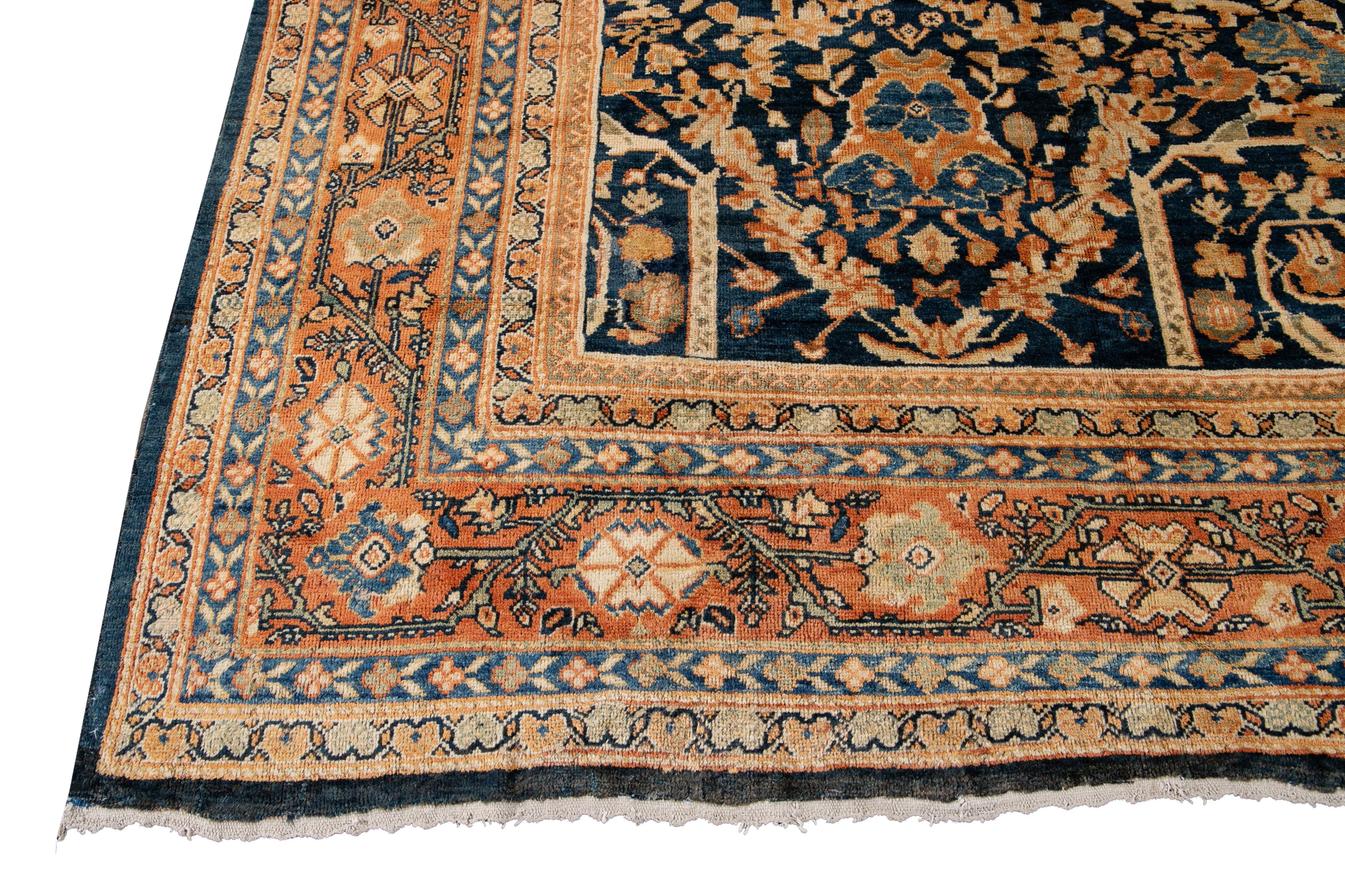 Oversize Antique Persian Mahal Blue Handmade Allover Floral Wool Rug In Excellent Condition For Sale In Norwalk, CT