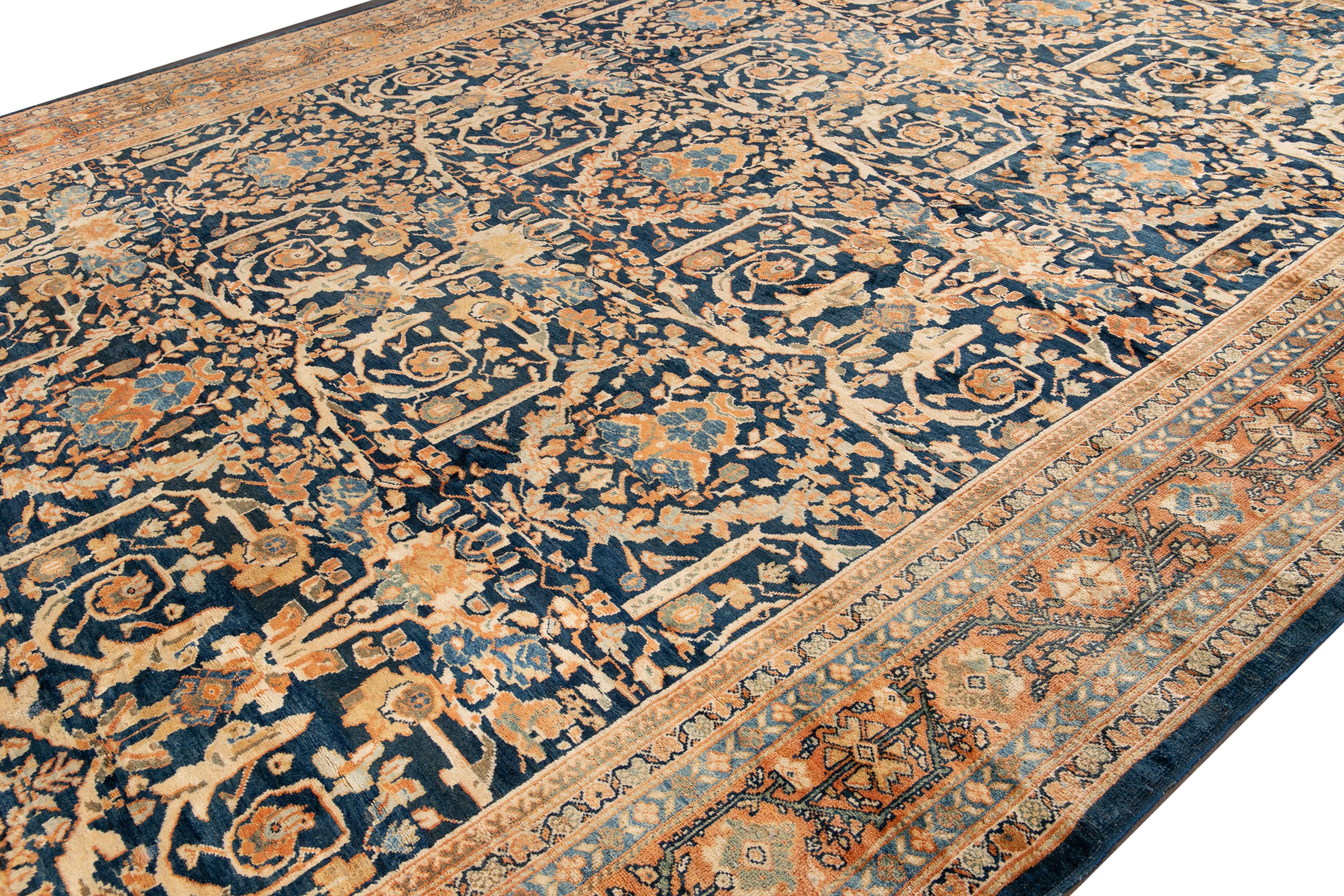 Oversize Antique Persian Mahal Blue Handmade Allover Floral Wool Rug For Sale 2