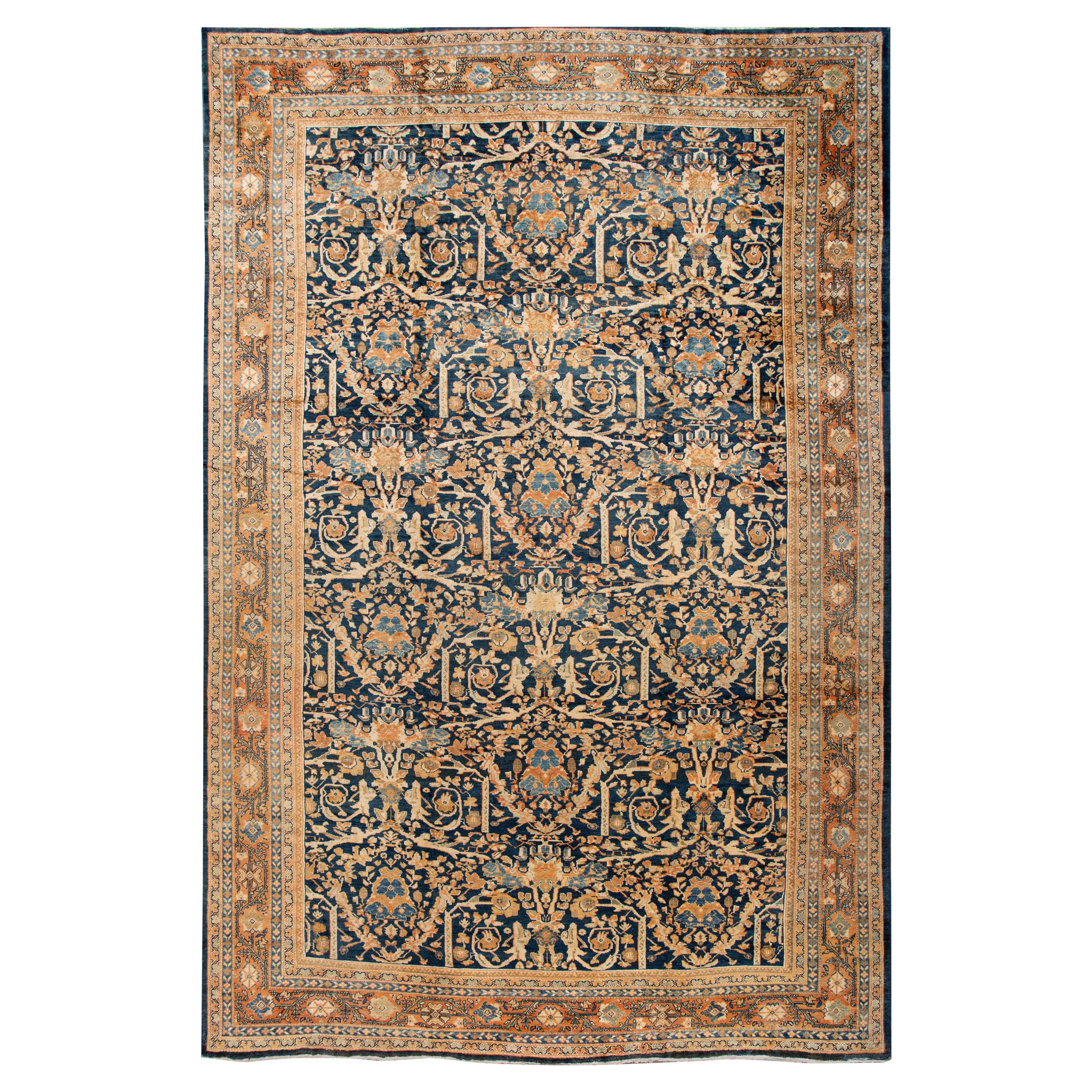Oversize Antique Persian Mahal Blue Handmade Allover Floral Wool Rug For Sale