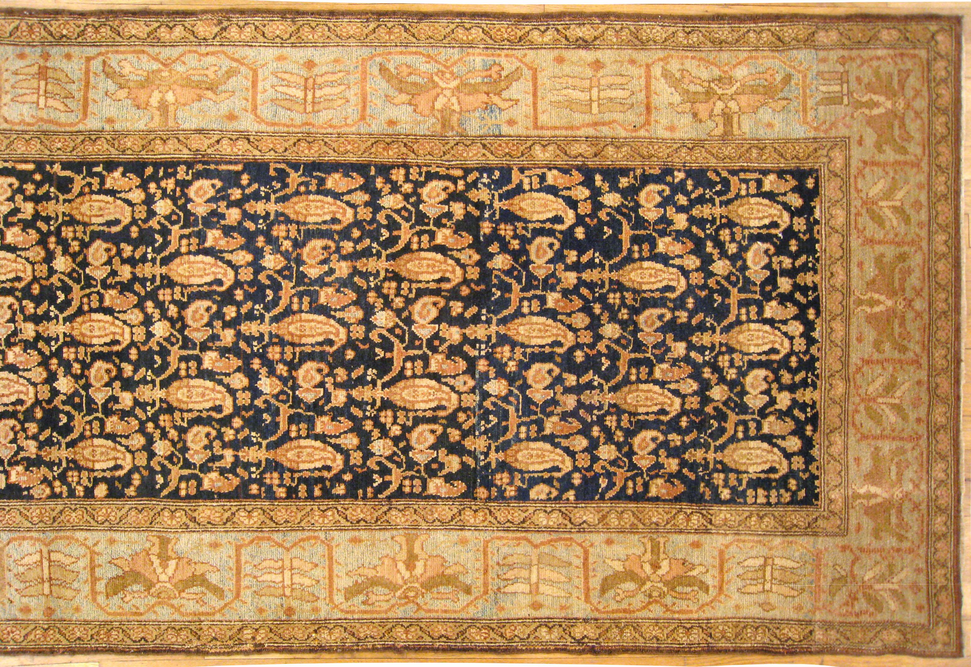 Hand-Knotted Antique Persian Malayer Oriental Rug, in Runner size, w/ Navy Field and Foliate  For Sale