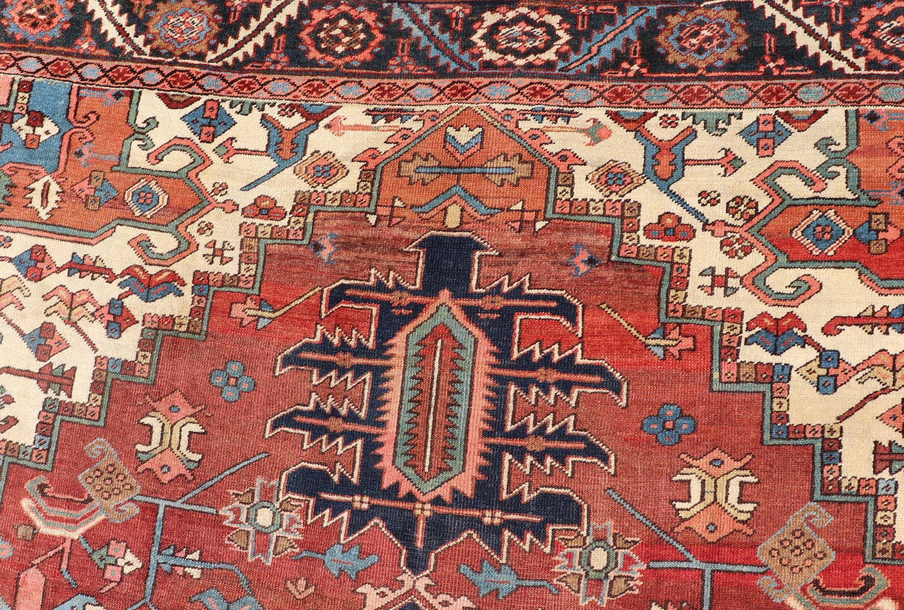Late 19th Century Early 20th Century Antique Persian Serapi Carpet with Stylized Geometric Motifs For Sale