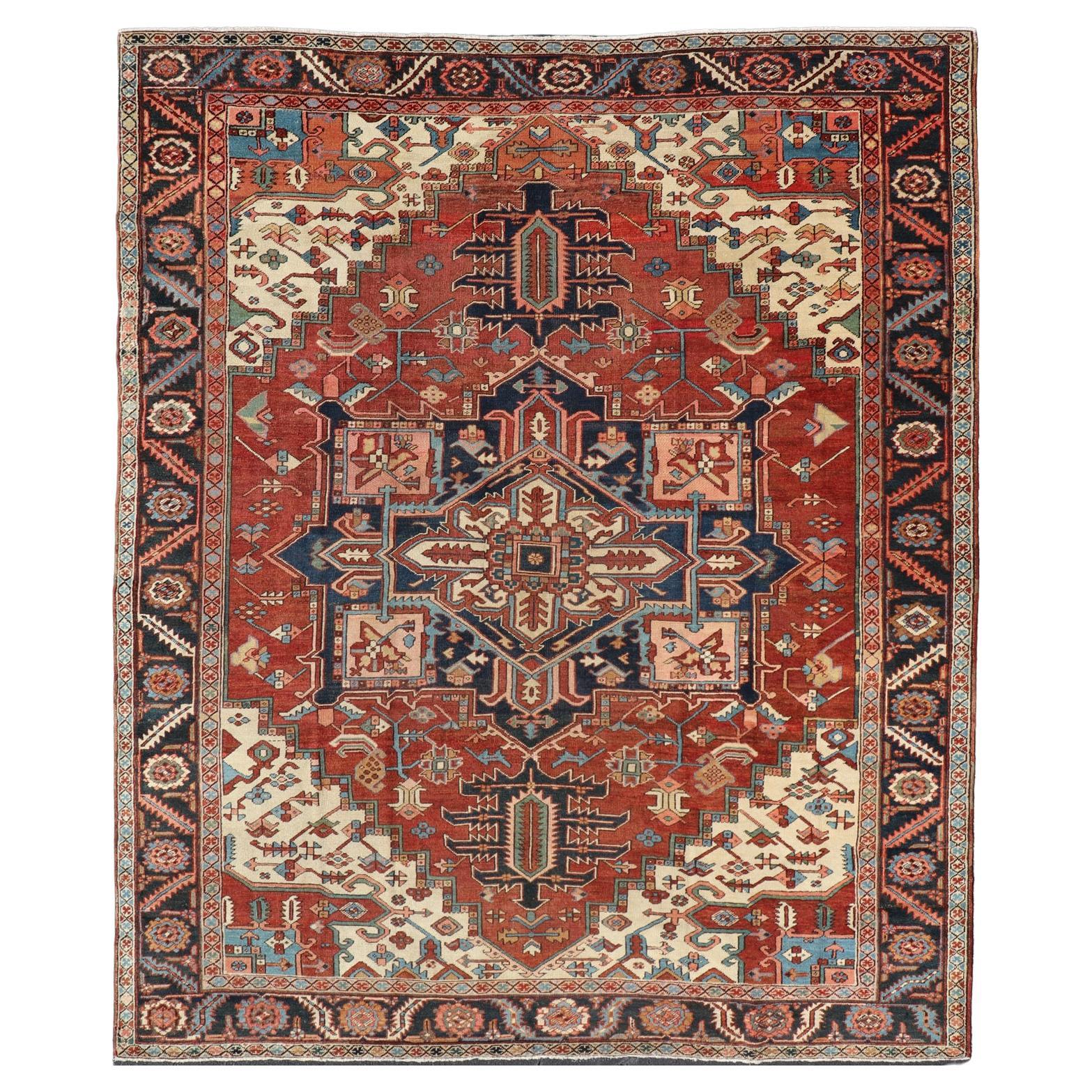 Early 20th Century Antique Persian Serapi Carpet with Stylized Geometric Motifs For Sale