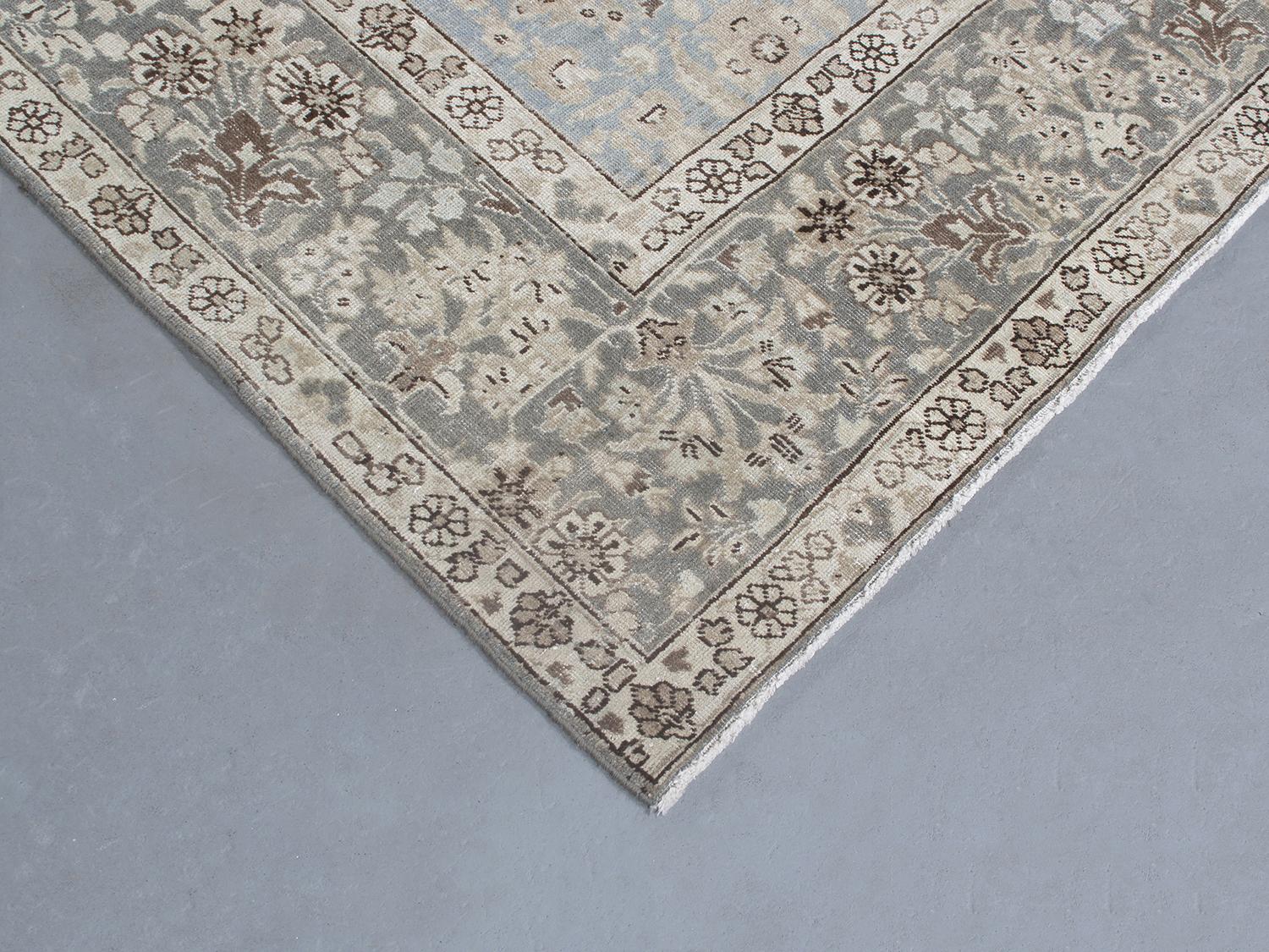 Wool Early 20th Century Antique Persian Tabriz Hand Knotted Blue Rug For Sale