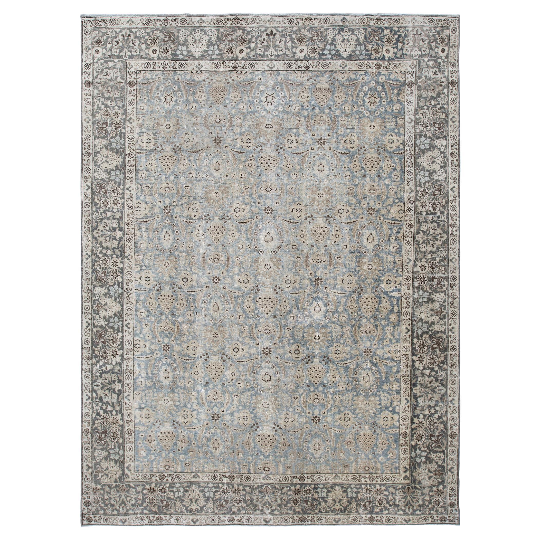 Early 20th Century Antique Persian Tabriz Hand Knotted Blue Rug For Sale