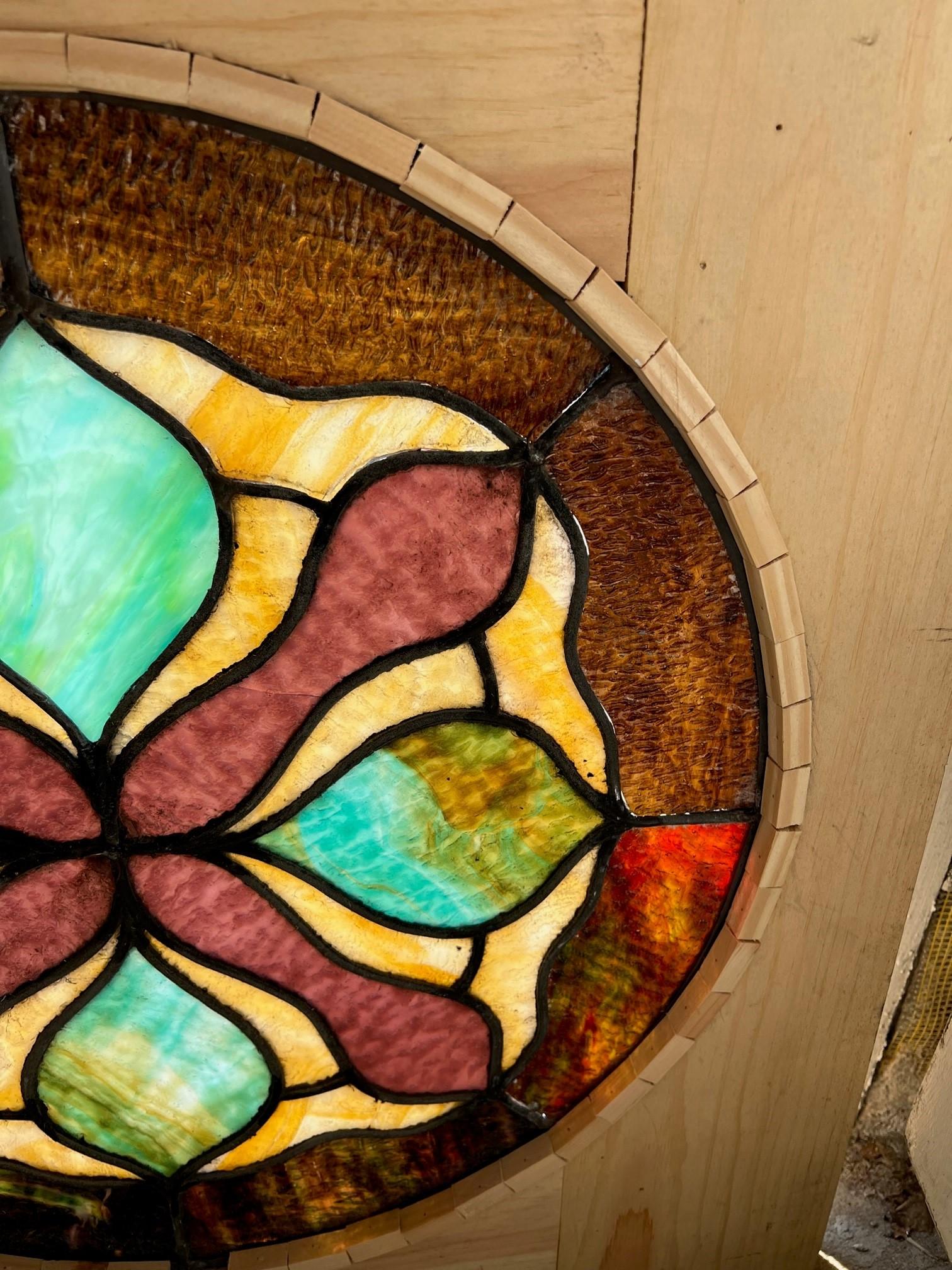 Early 20th Century Antique Round Stained Glass Window in a New Wood Frame  For Sale 3
