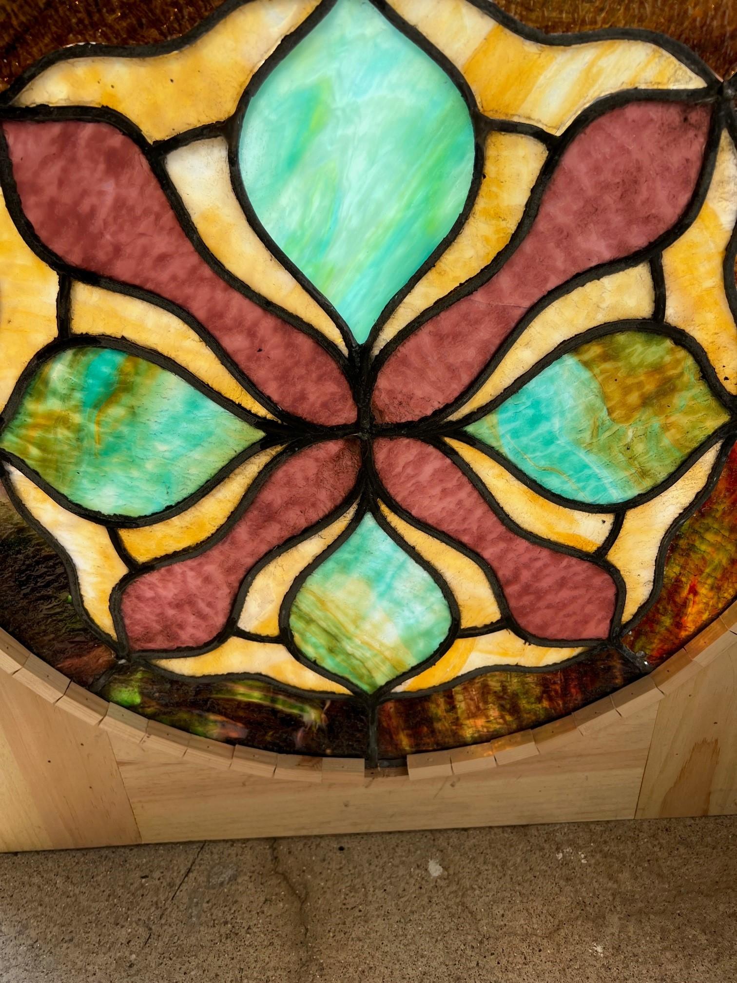 Early 20th Century Antique Round Stained Glass Window in a New Wood Frame  For Sale 4