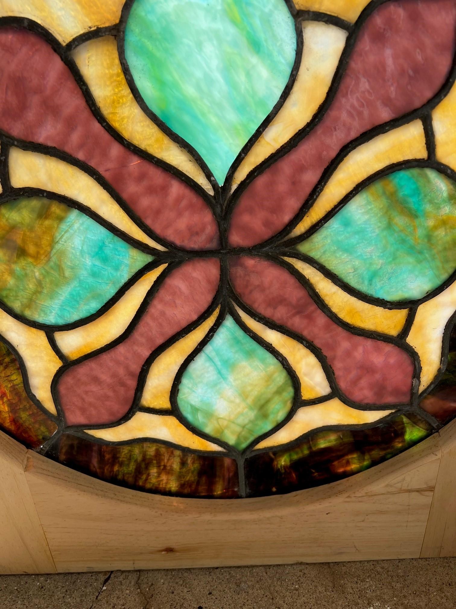 American Early 20th Century Antique Round Stained Glass Window in a New Wood Frame  For Sale