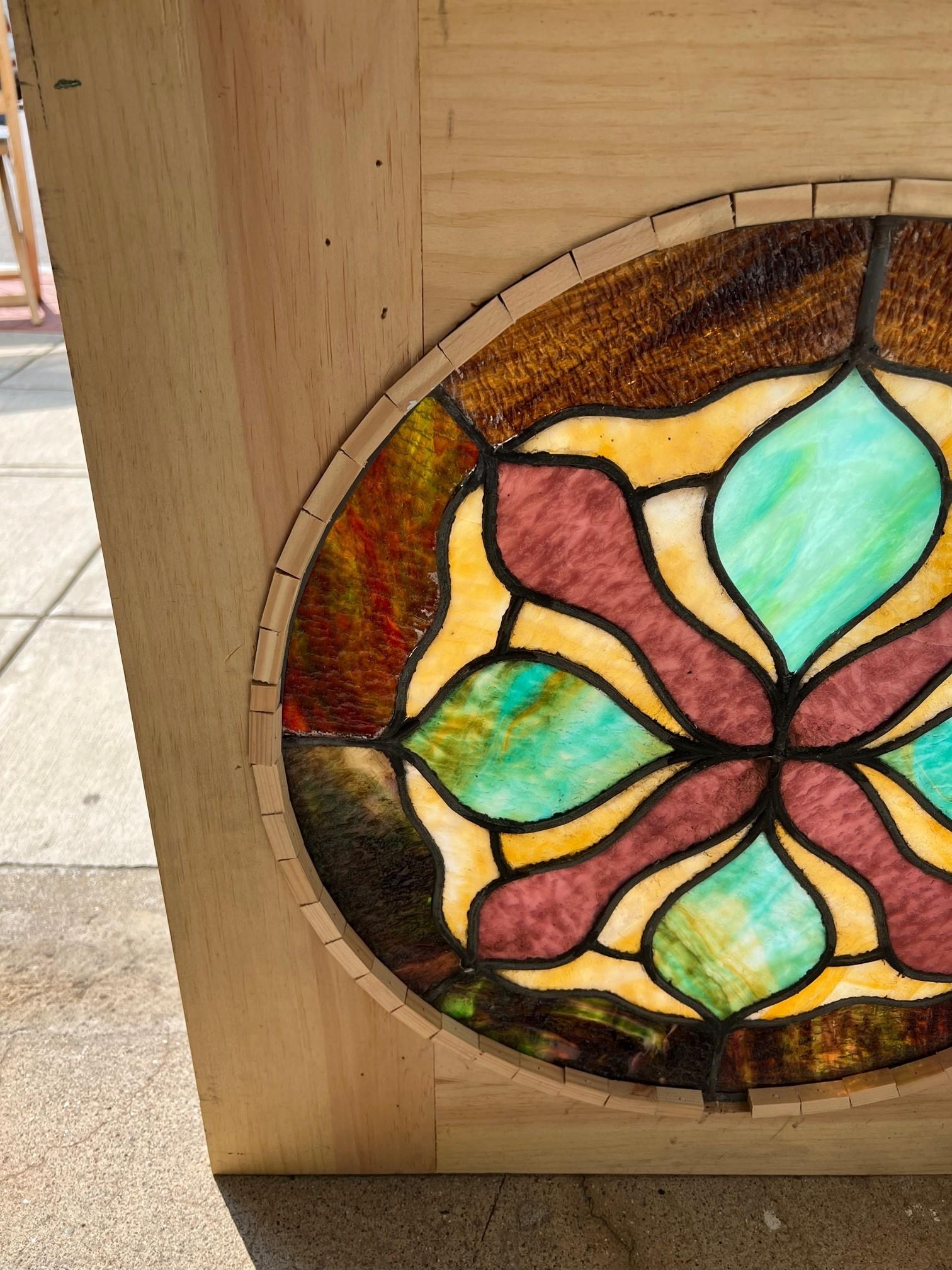 Early 20th Century Antique Round Stained Glass Window in a New Wood Frame  For Sale 1